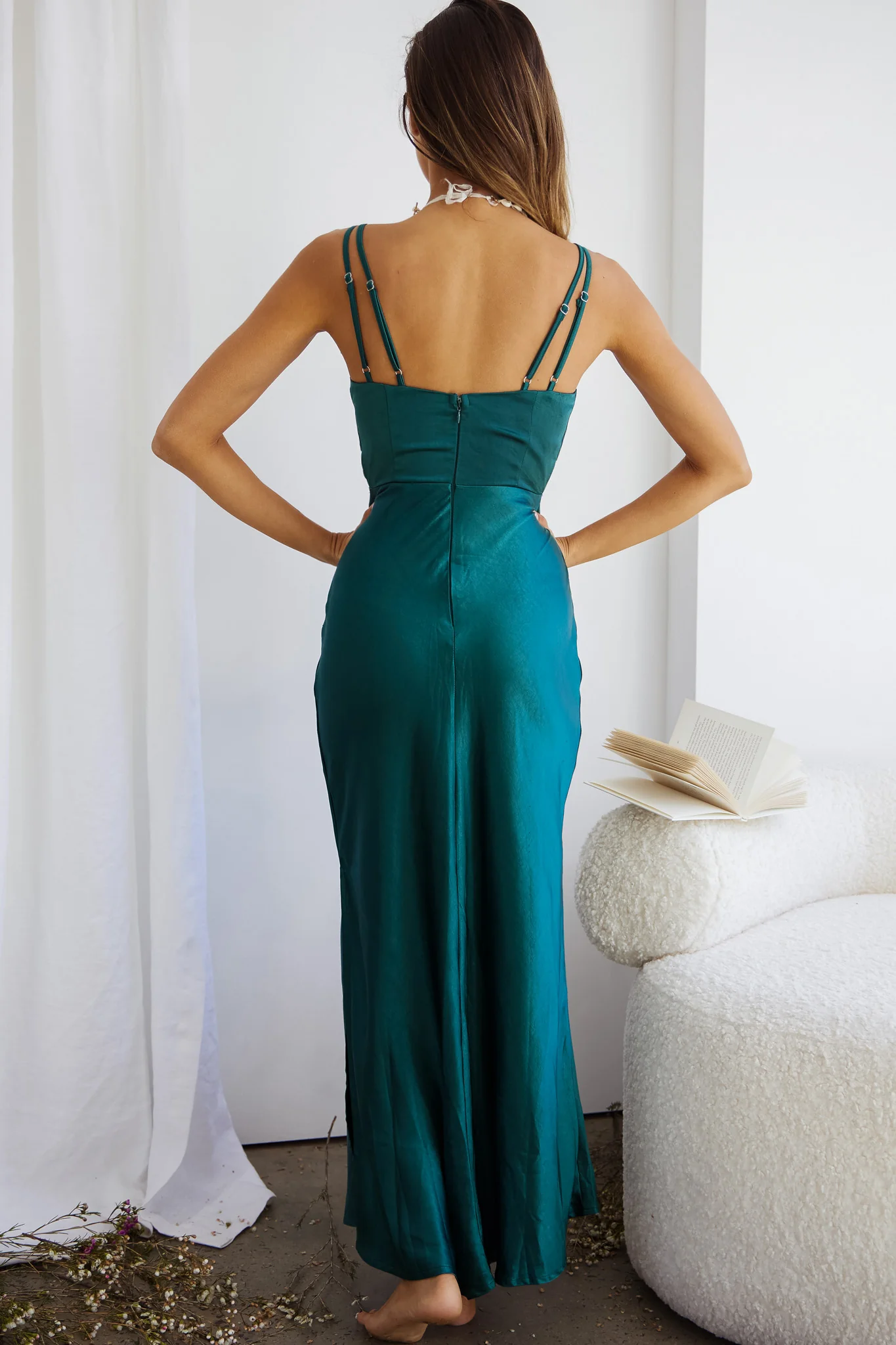 Torah Cut-Out Bodice Front Split Maxi Dress Forest Green - Seraphlike