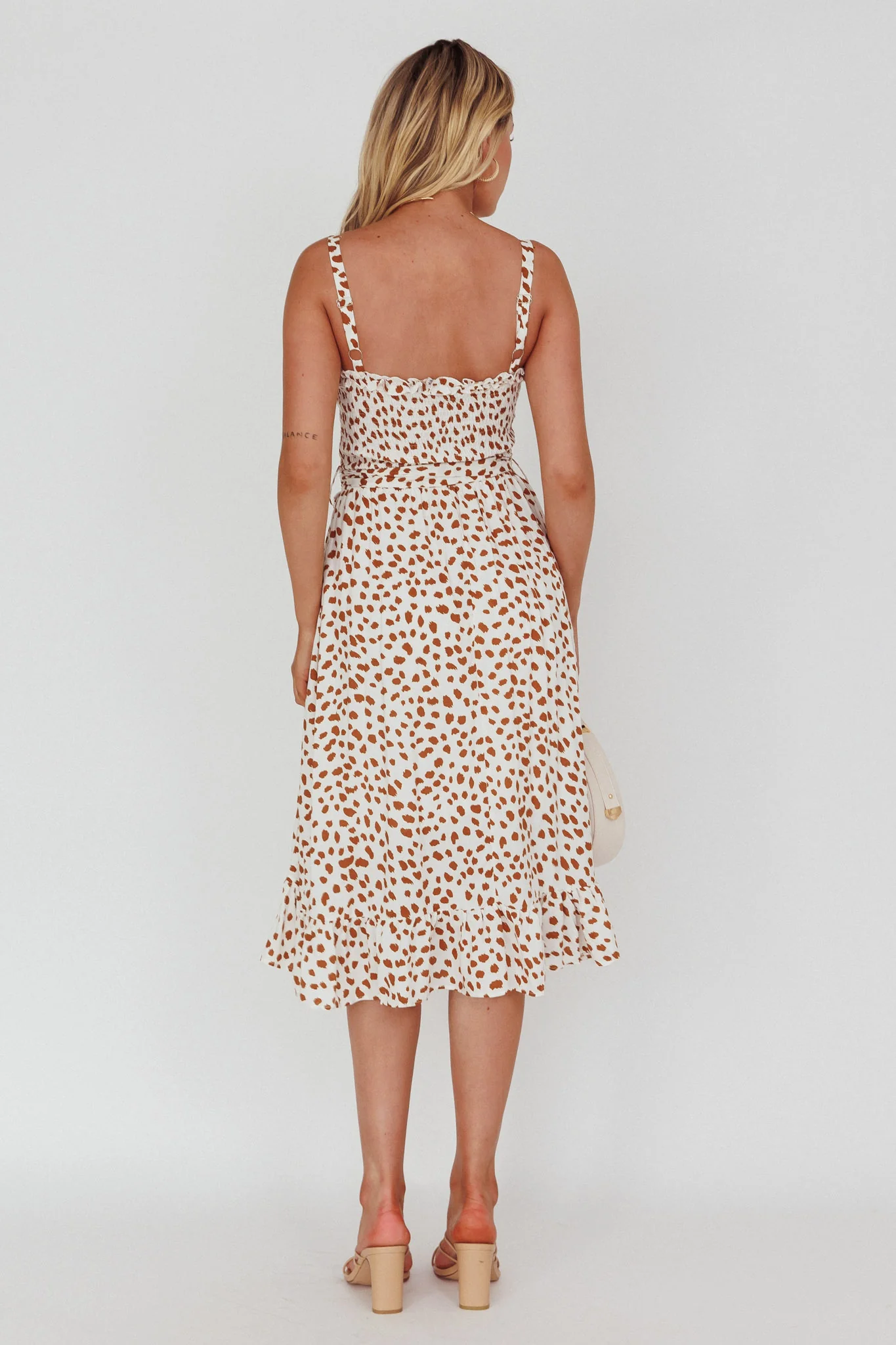 Honey Shirred Frill Midi Dress White/Brown - Seraphlike