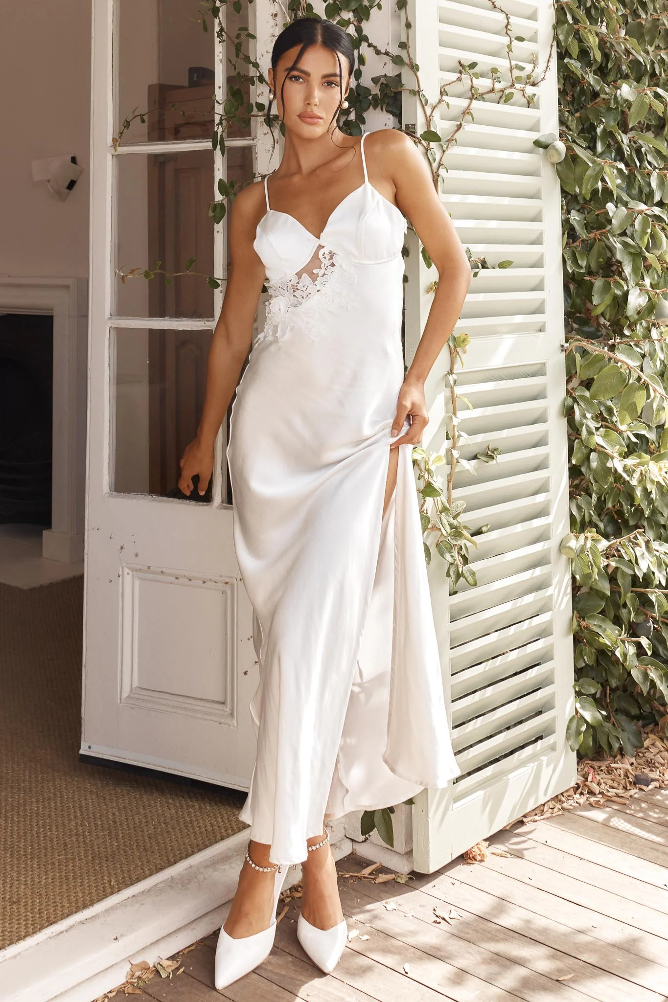 Roxana Applique Trim Split Maxi Dress White - Seraphlike