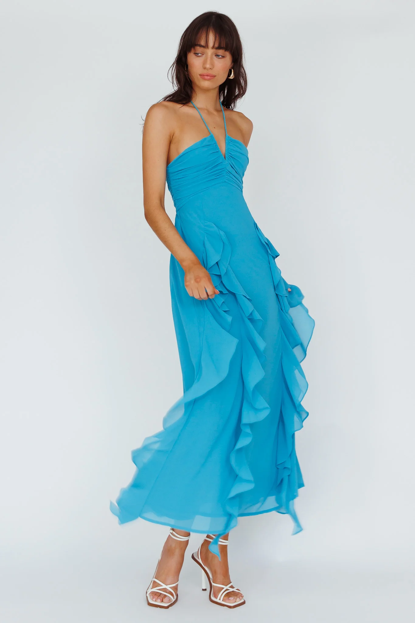 Asiah Ruffle Trim Halterneck Maxi Dress Cerulean Blue - Seraphlike