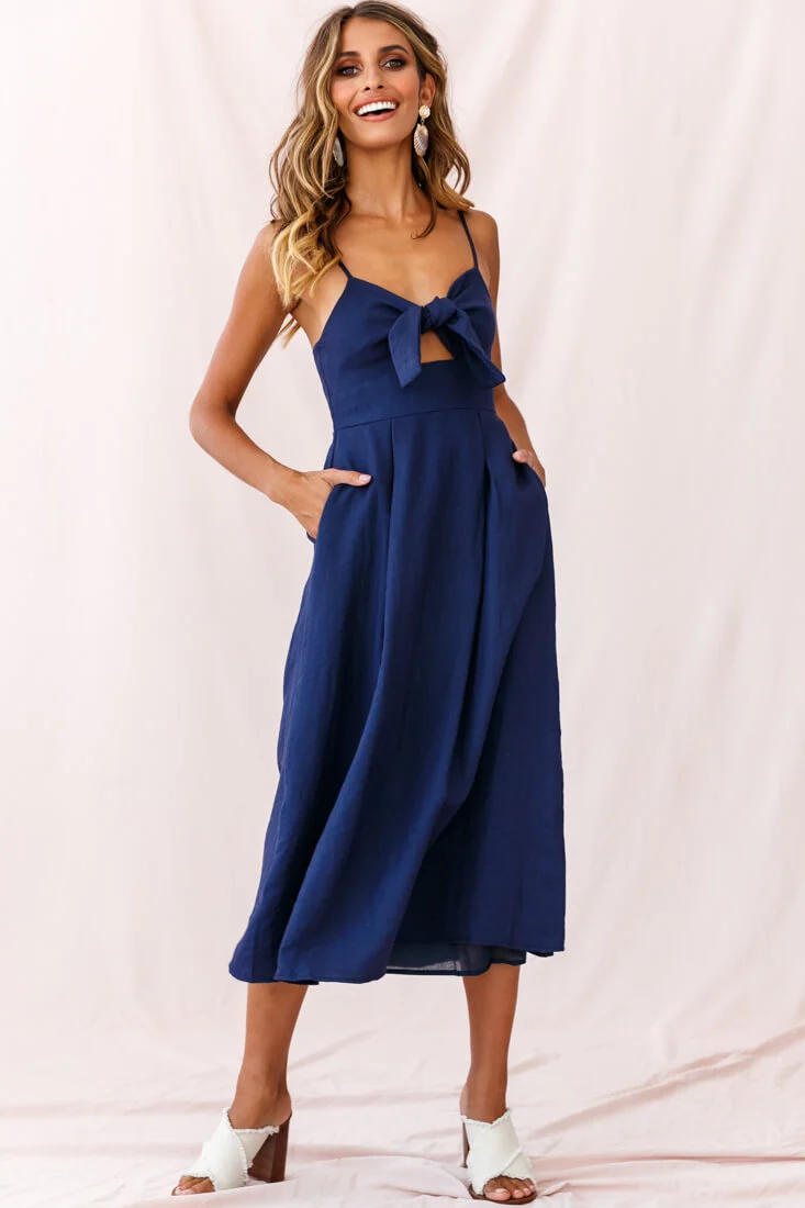 Hope Tie-Knot Bust Midi Dress Navy - Seraphlike