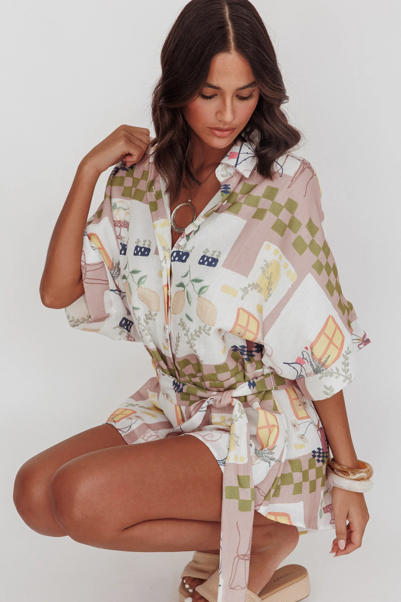 Daytona Beach Button-Up Romper Euro Print Olive - Seraphlike