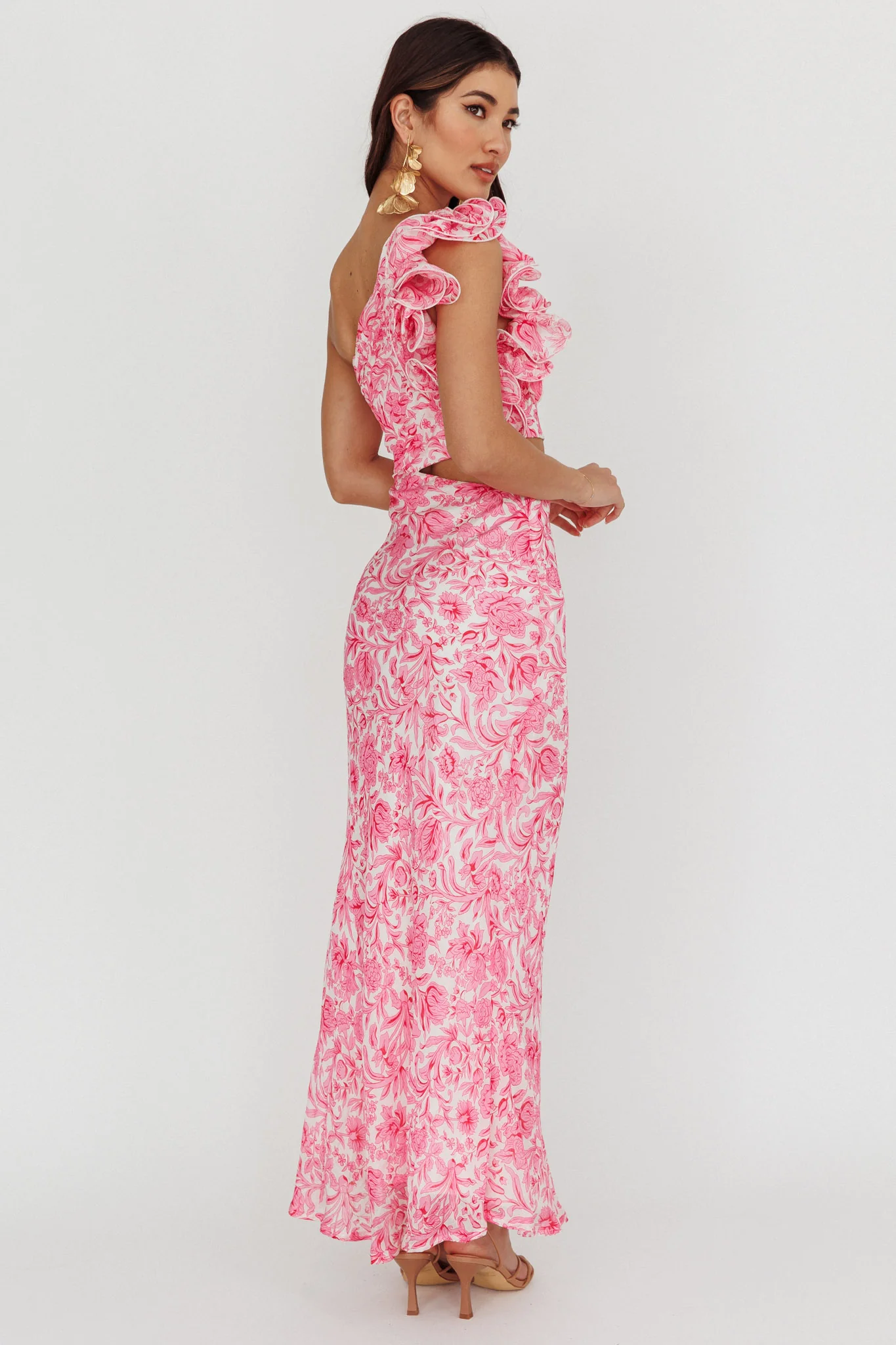 Deanna One-Shoulder Ruffle Midi Dress Floral Pink - Seraphlike