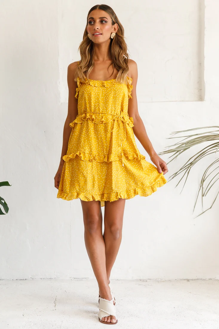 Maria Frill Trim Polka Dot Dress Mustard - Seraphlike