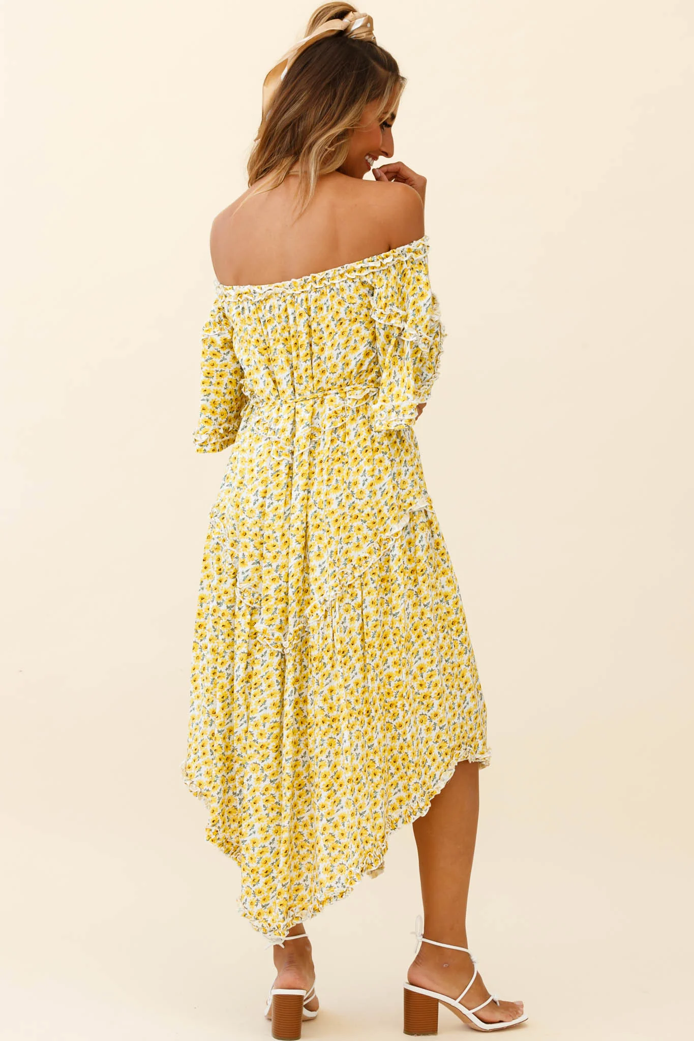 Renoir Off-Shoulder Frill Trim Dress Floral Print Yellow - Seraphlike