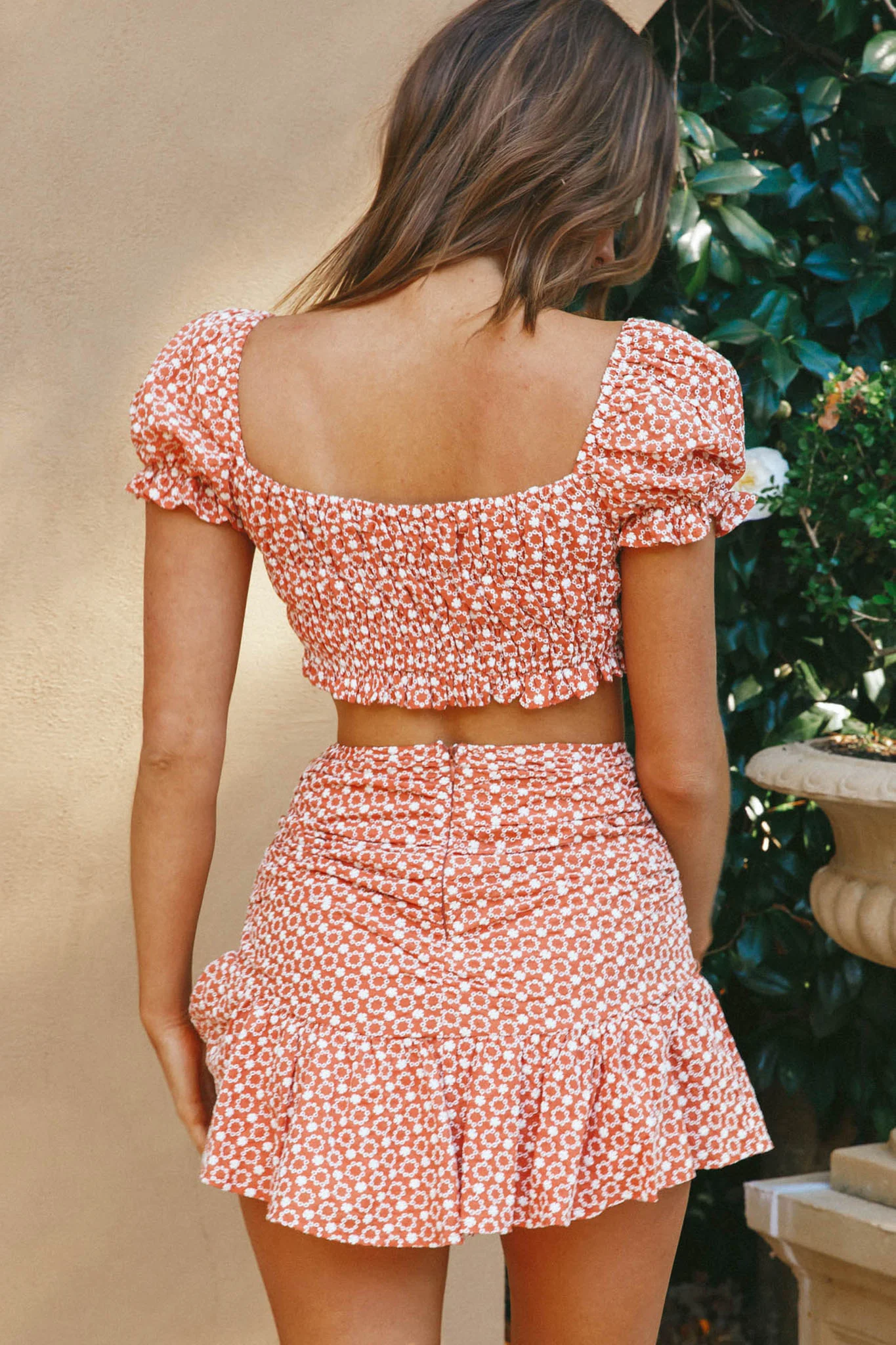 Paradis Ruched Eyelet Embroidery Mini Skirt Terracotta - Seraphlike