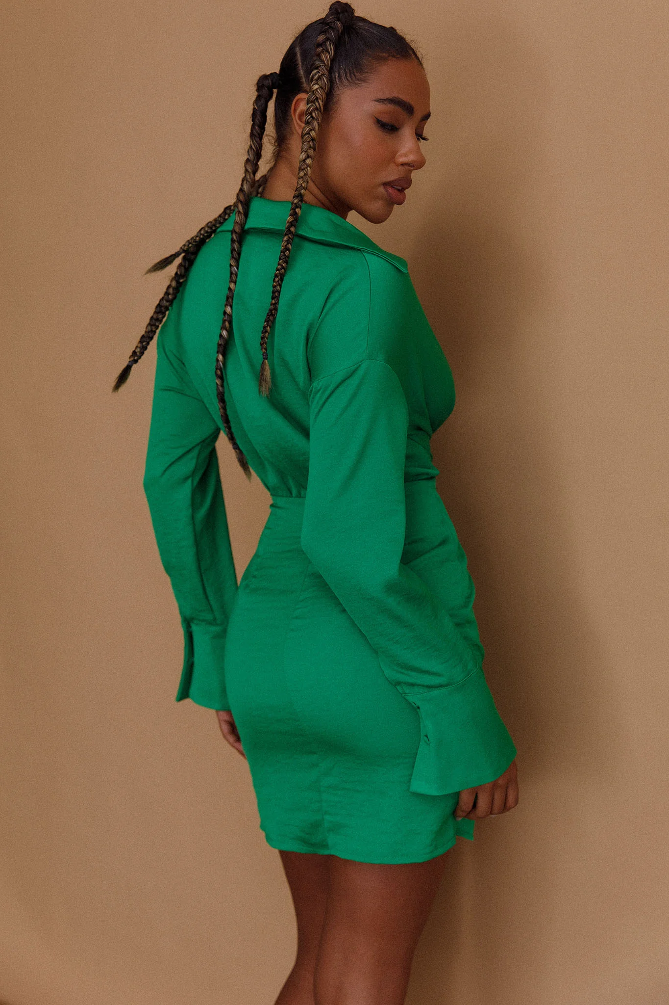 Romy Satin Shirt Dress Green - Seraphlike