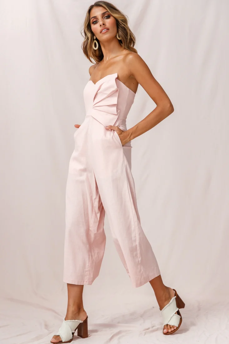 Call Me Wide-Leg Linen Bandeau Jumpsuit Blush - Seraphlike