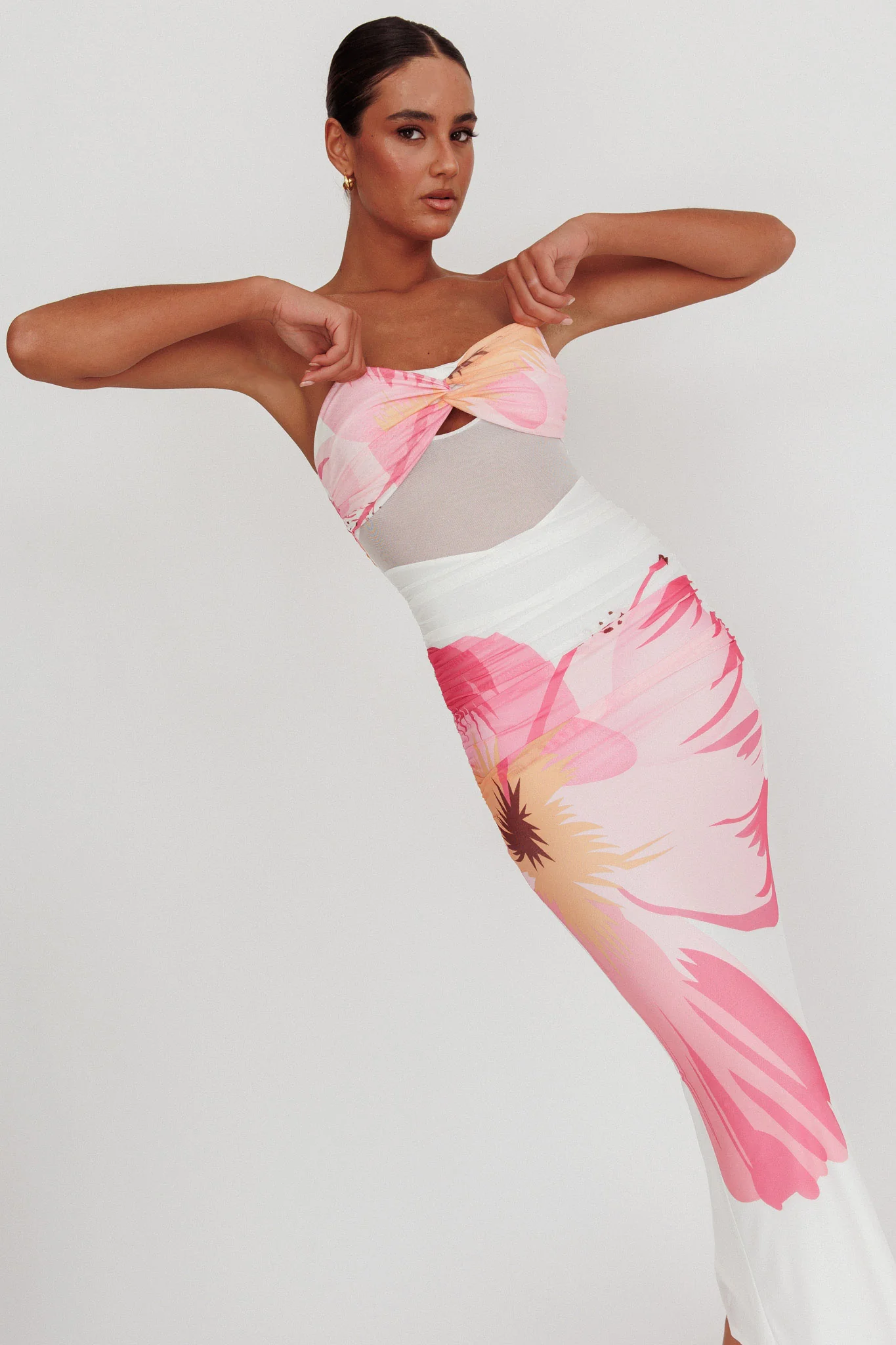 Oliana Sheer Waist Floral Maxi Dress White - Seraphlike