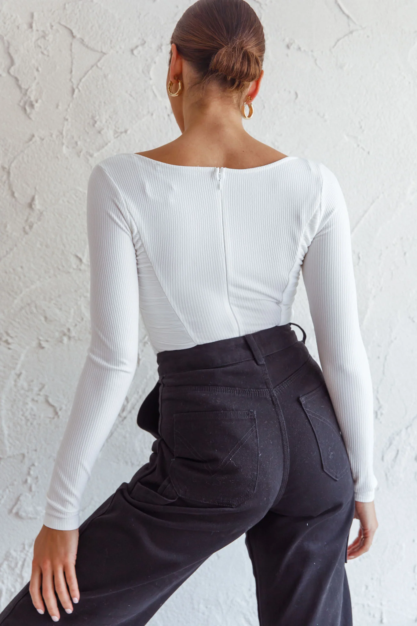 Bobbi Long Sleeve Ruched Side Ribbed Bodysuit White - Seraphlike