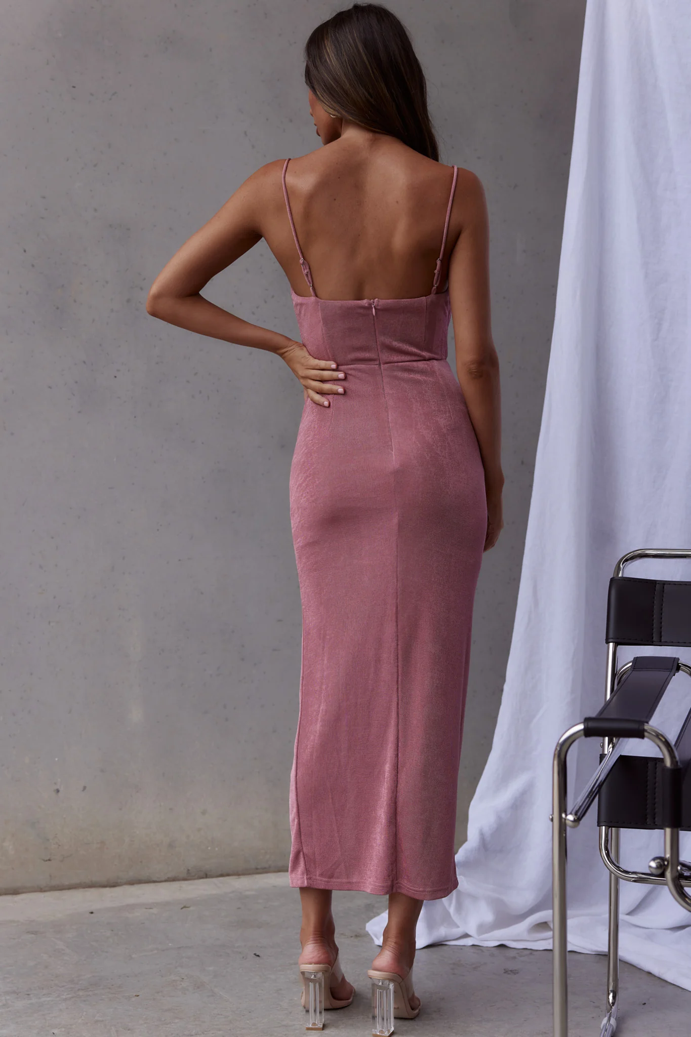 Frieda Cowl Neck Front Split Midi Dress Mauve - Seraphlike