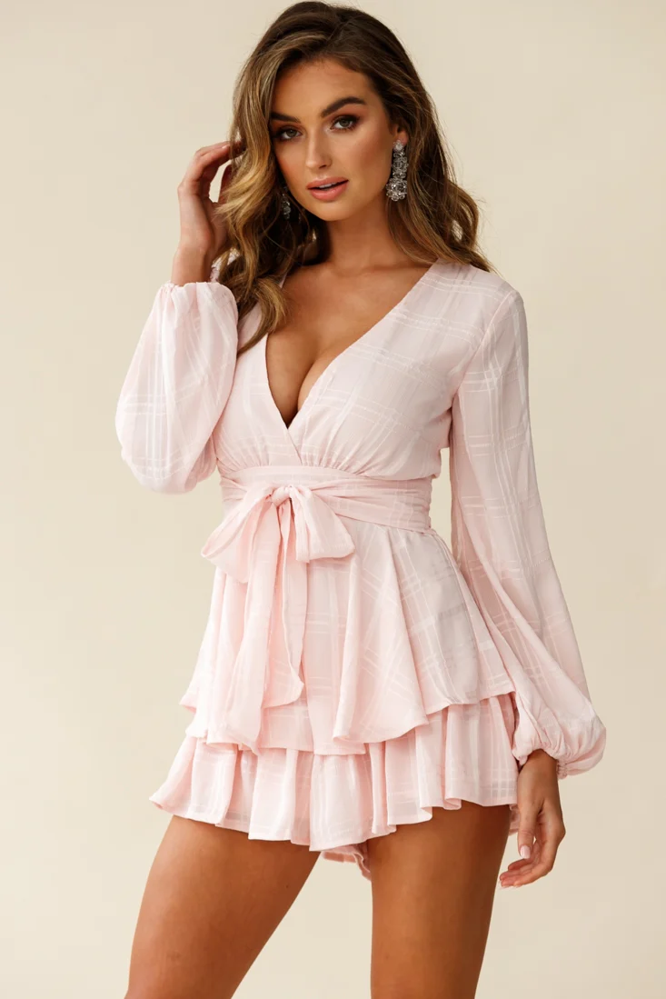 Maddox Fit & Flare Long Sleeve Romper Baby Pink - Seraphlike