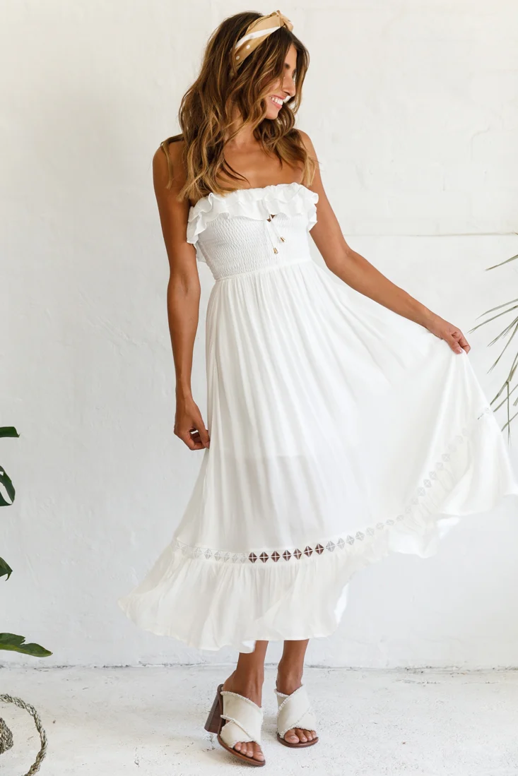 Daydream Shirred Bust Frill Trim Maxi Dress White - Seraphlike