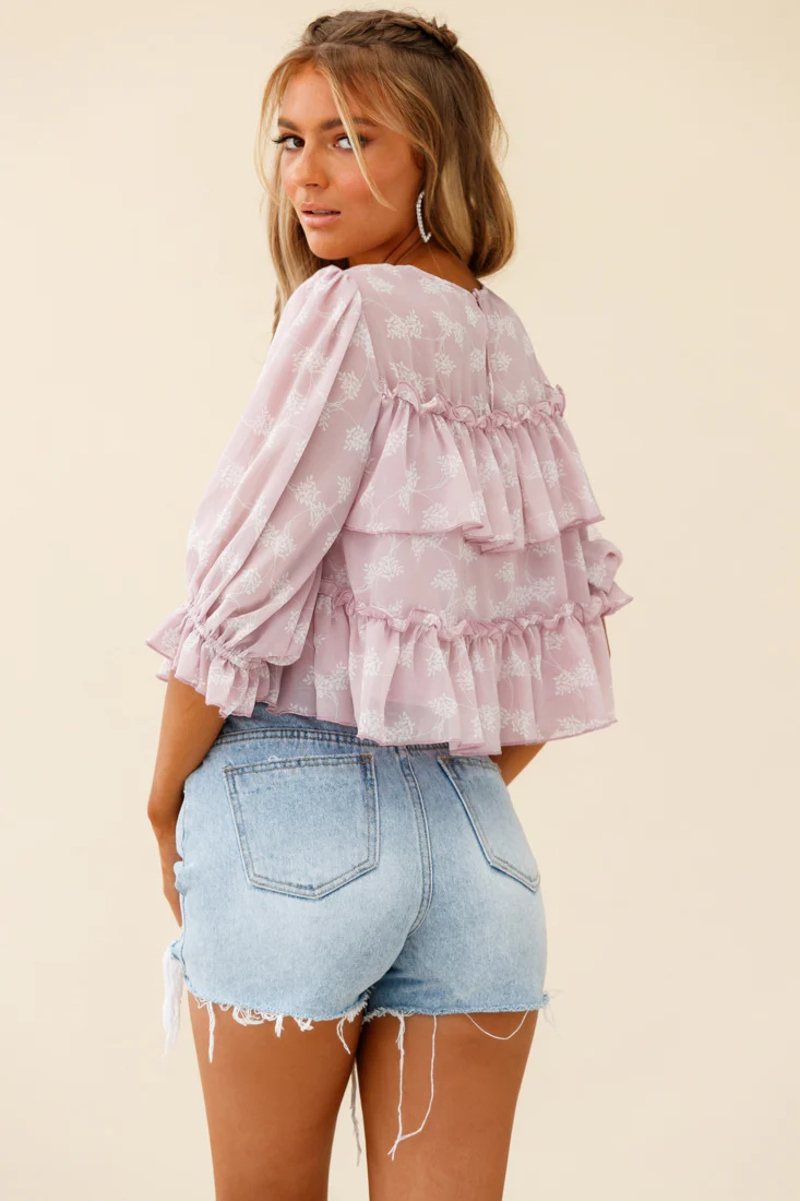 Float On By Layered Ruffle Crop Top Leaf Print Pink - Seraphlike