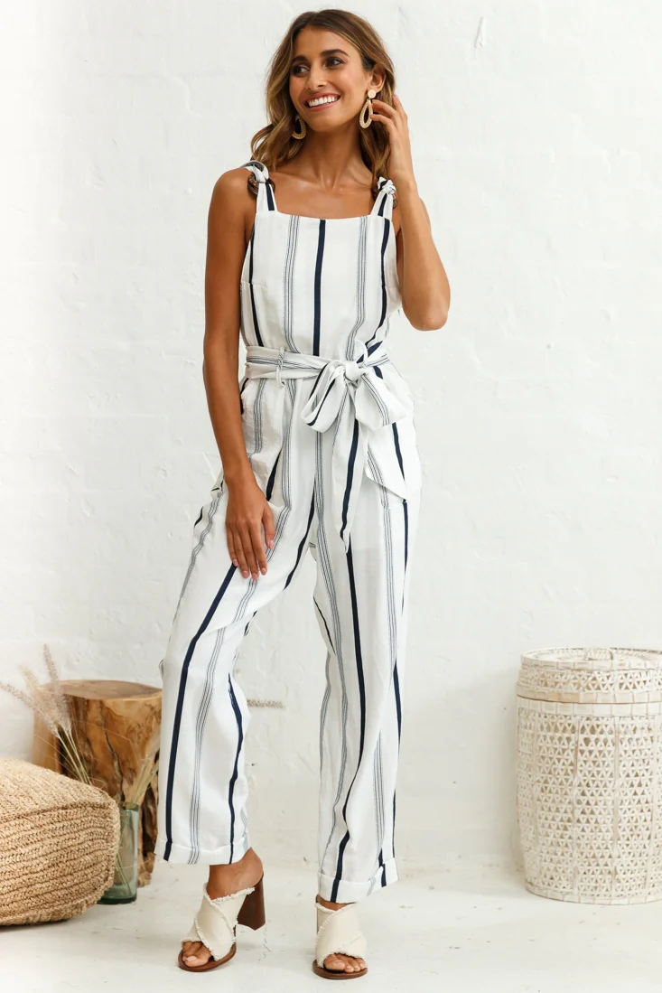 Fresno Straight Leg Pinafore Jumpsuit Stripe Print Navy - Seraphlike
