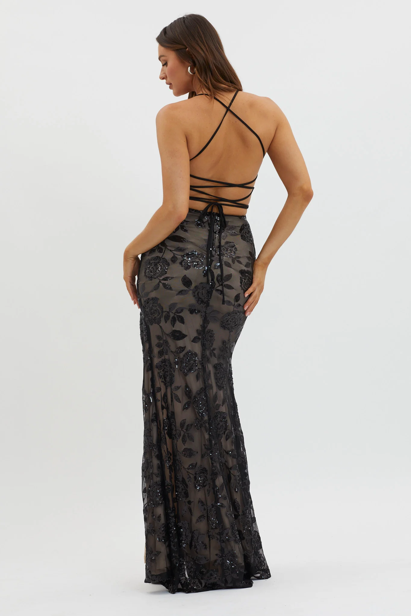 Sparks Fly Sequin Embellished Maxi Dress Black/Nude - Seraphlike