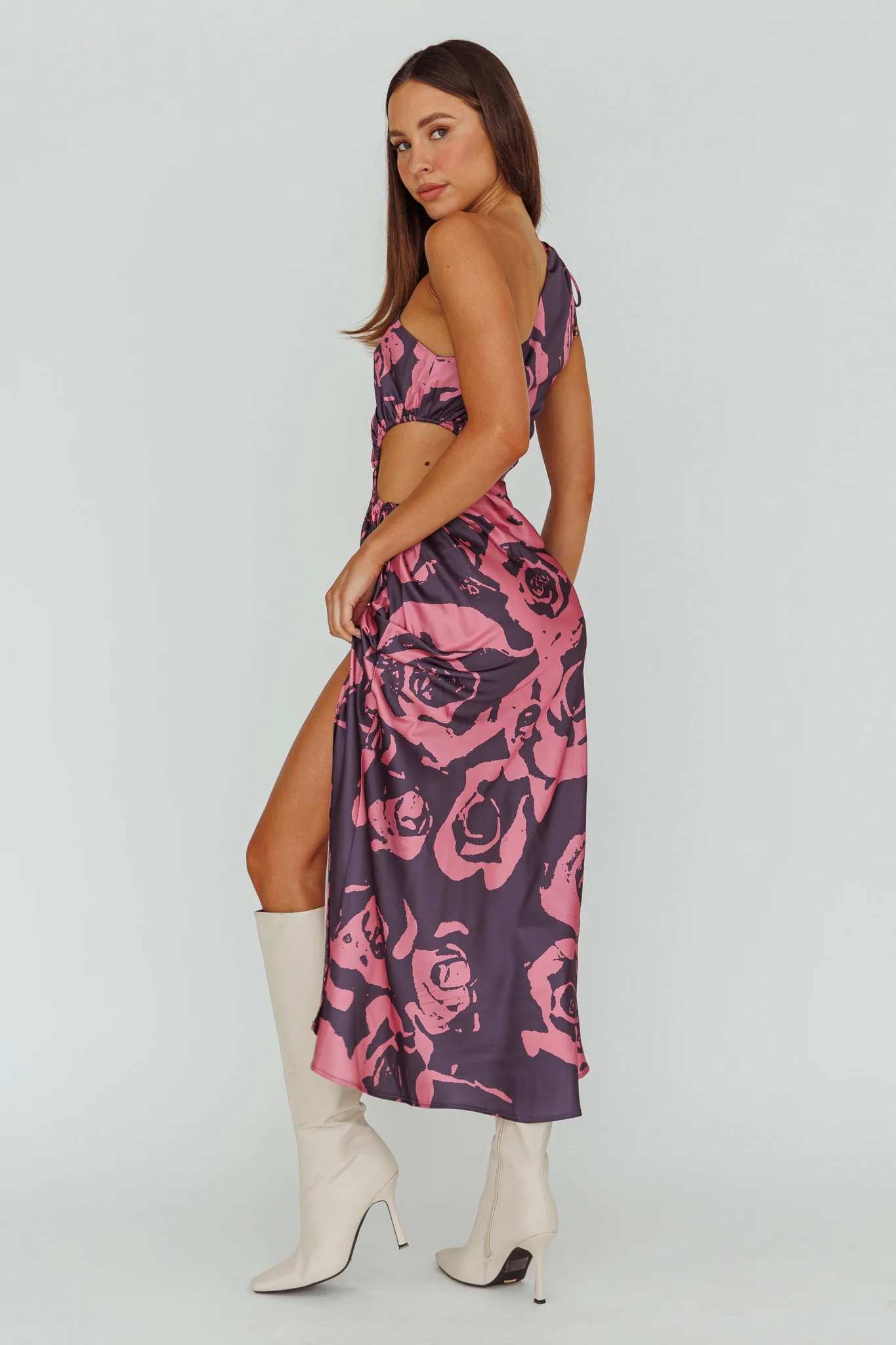 Charisma One-Shoulder Cut-Out Maxi Dress Floral Purple - Seraphlike