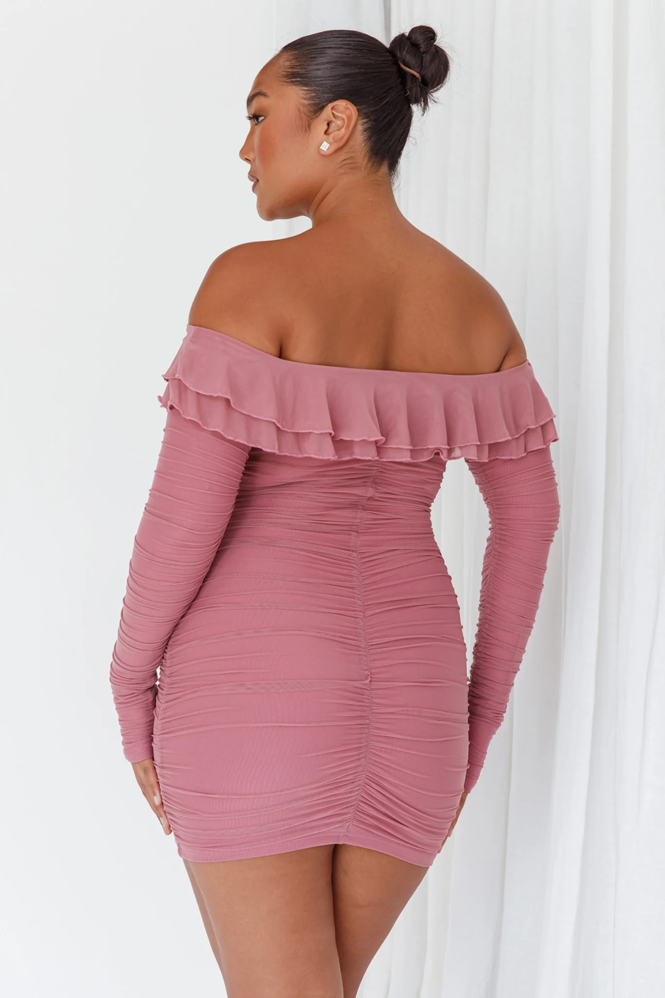 Confession Off-Shoulder Long Sleeve Mini Dress Mauve - Seraphlike