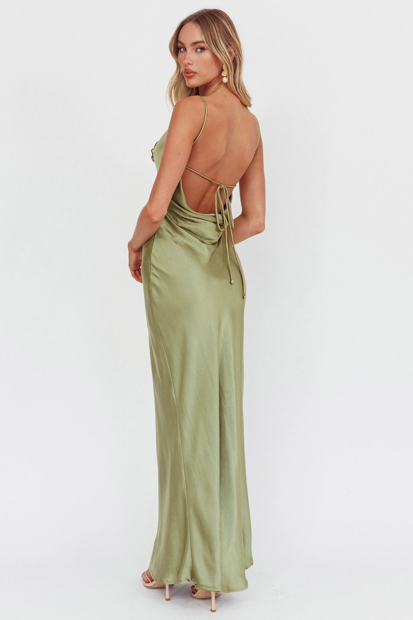 High Roller Cowl Back Rosette Maxi Dress Olive - Seraphlike