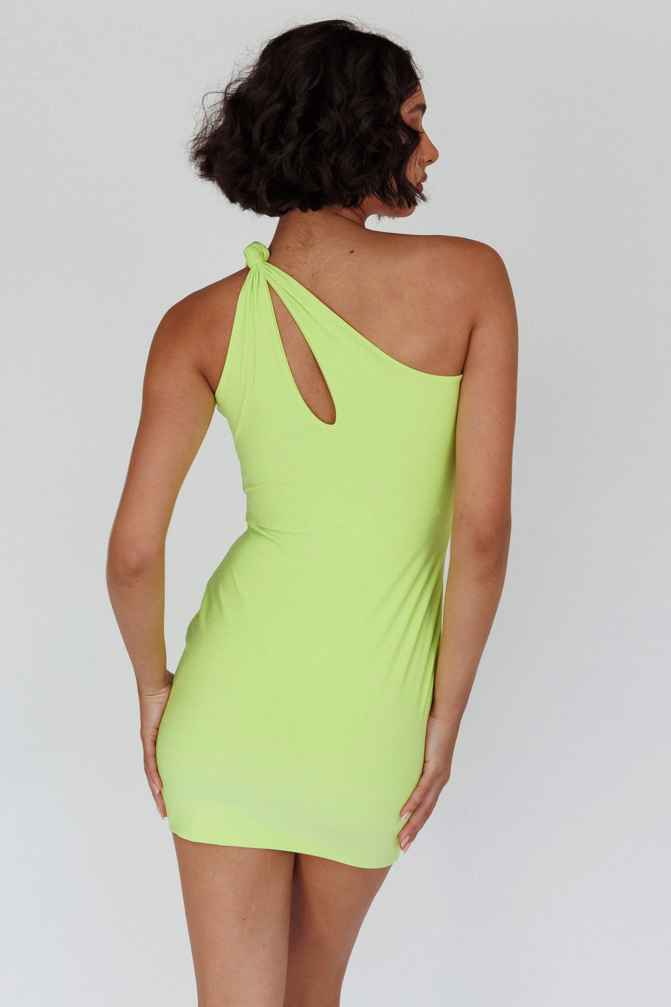Malaga One-Shoulder Keyhole Mini Dress Lime - Seraphlike