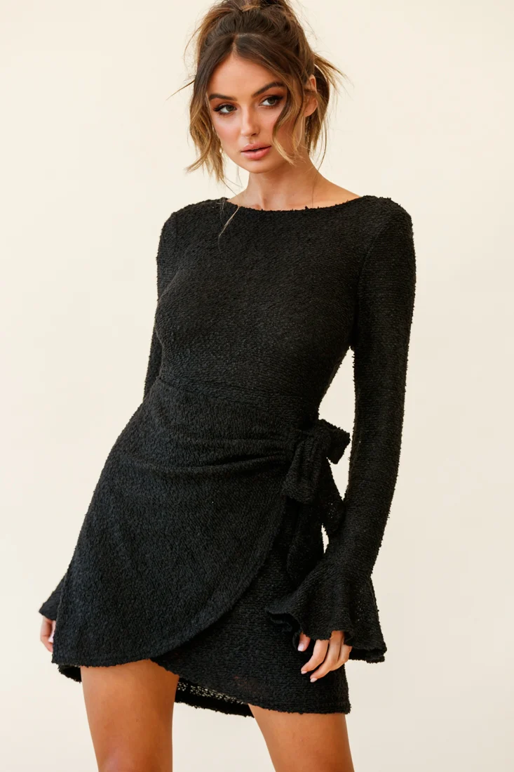 Minerva Flared Cuff Knit Wrap Dress Black - Seraphlike