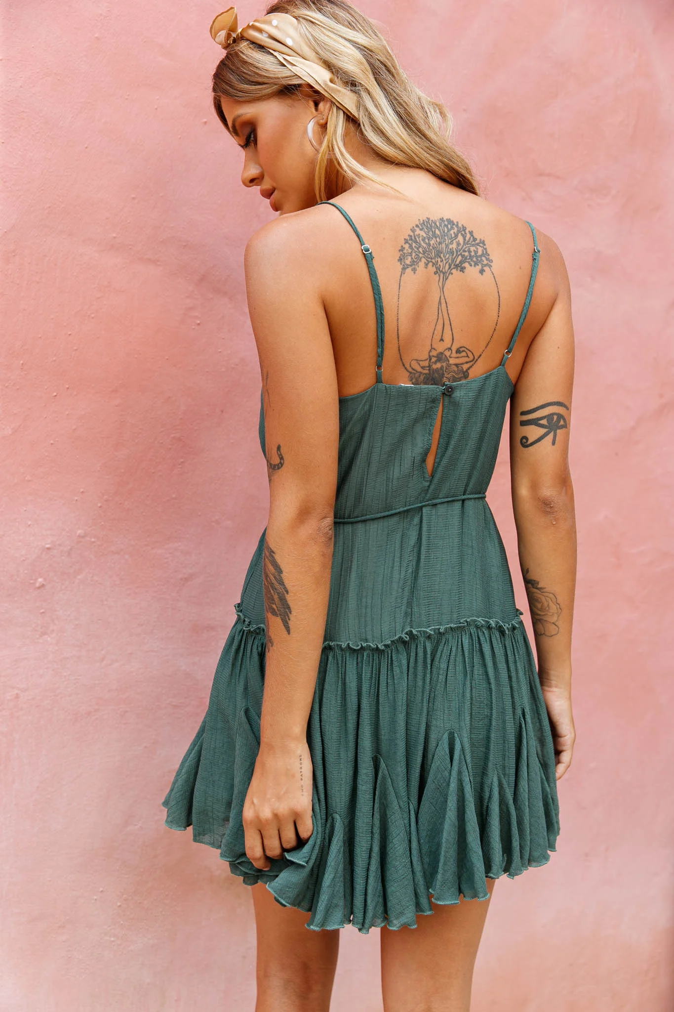 Rosabel Spaghetti Strap Fluted Hem Dress Green - Seraphlike