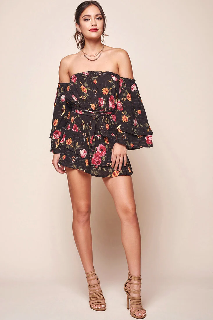 Emory Off the Shoulder Bell Sleeve Romper Black - Seraphlike
