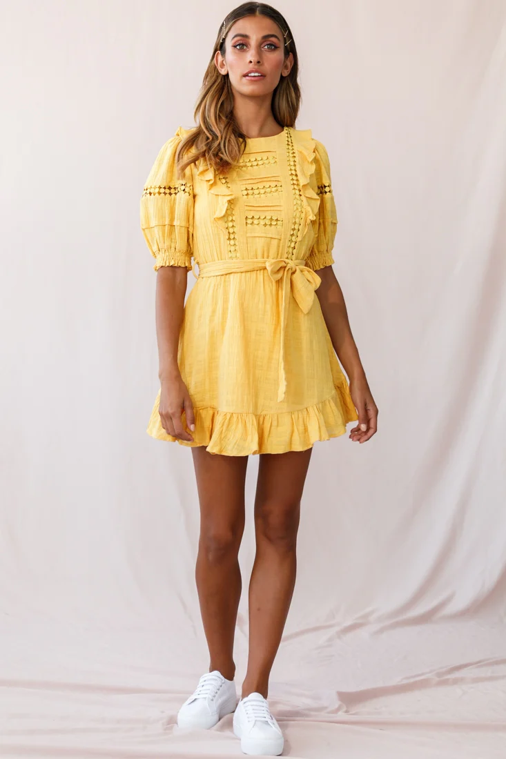 Delia Puff Sleeve Crochet Detail Dress Mustard - Seraphlike