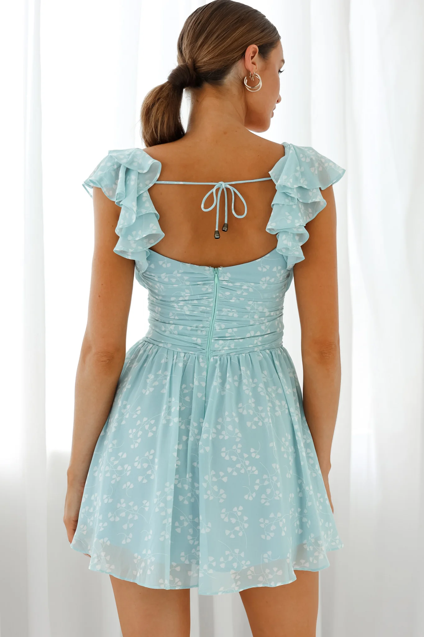 Lola Ruffle Shoulder Ruched Dress Leaf Print Blue - Seraphlike