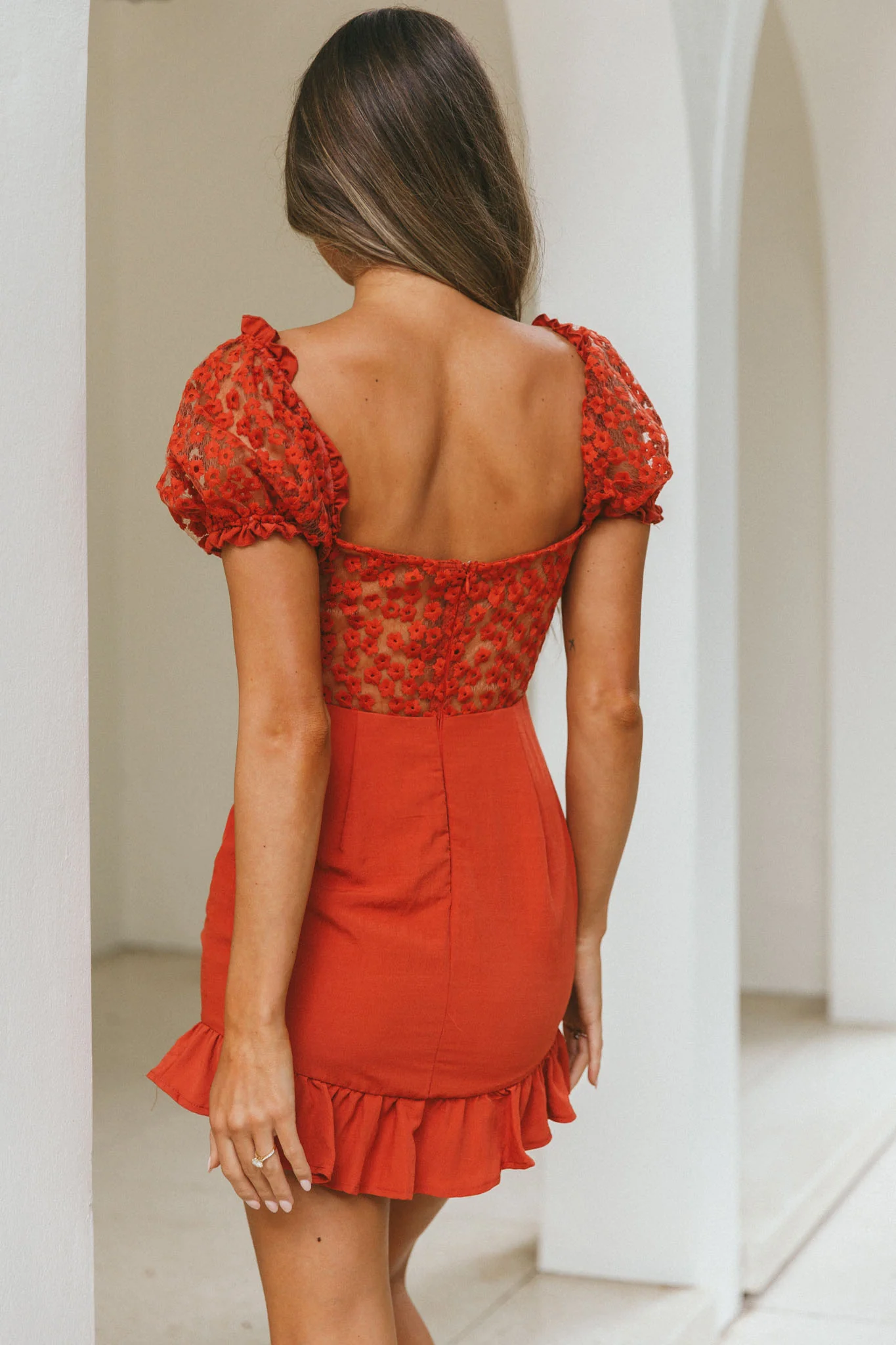 Field Dreams Puff Sleeve Tie-Up Bodice Floral Embroidery Mini Dress Rose - Seraphlike