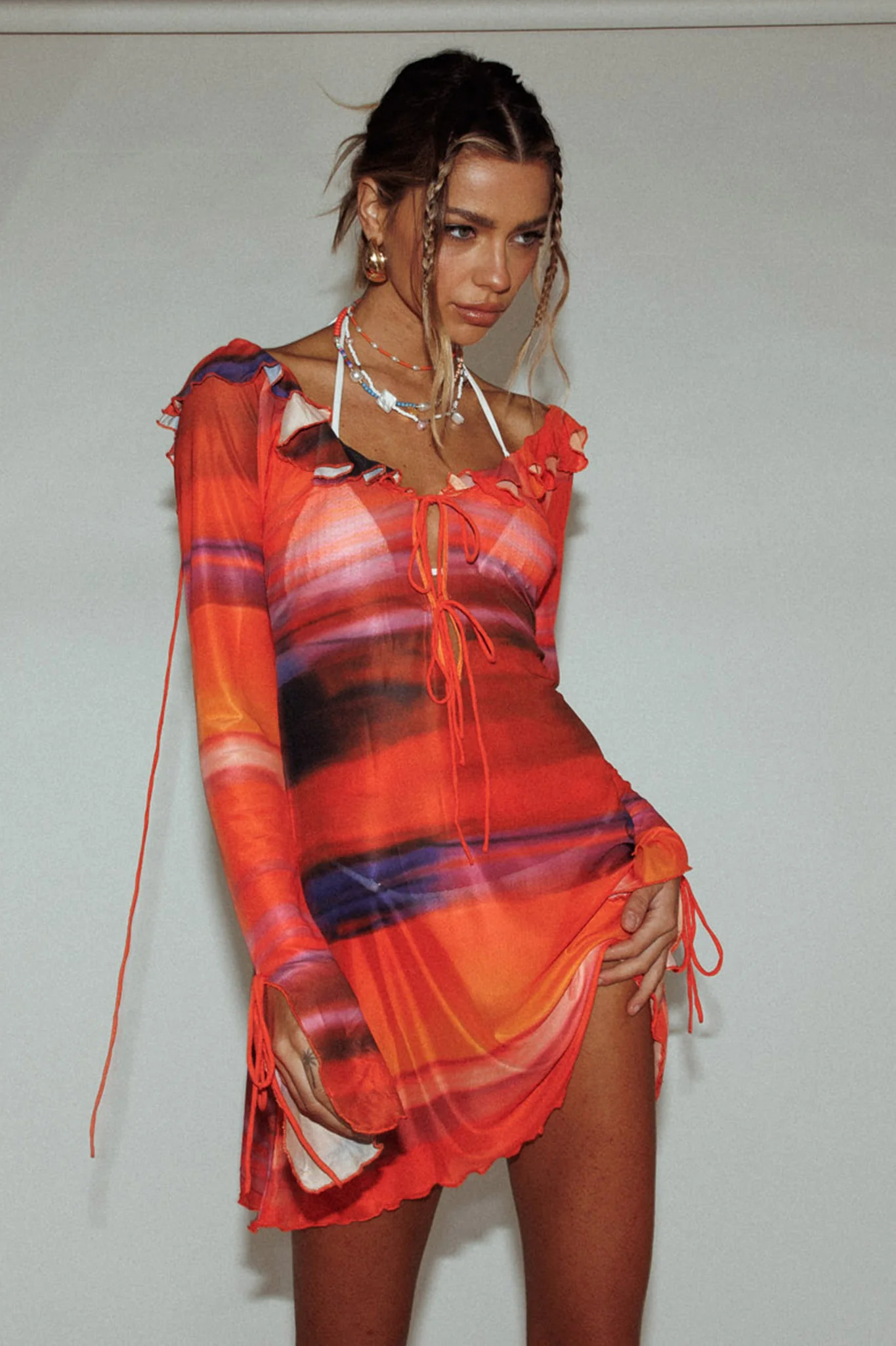 Bohemia Tied Bust Long Sleeve Dress Orange - Seraphlike