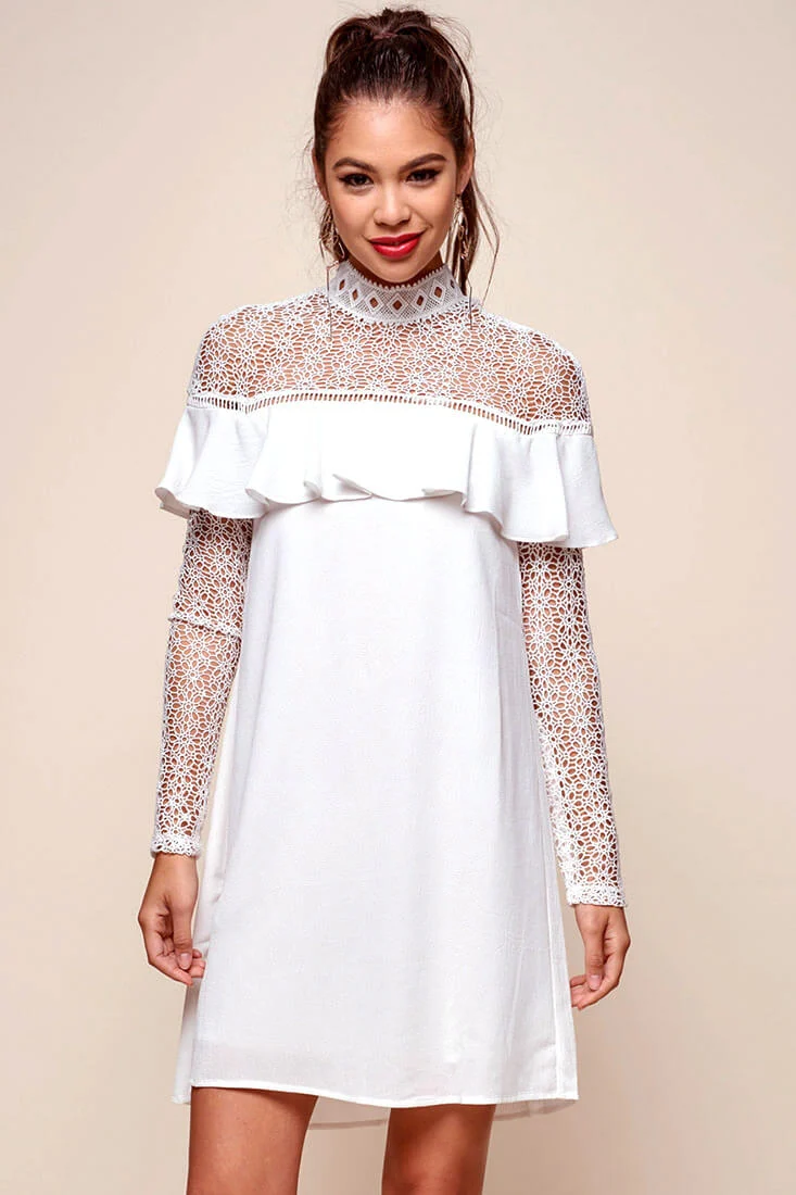 Mendes Lace Detailed High Neck Long Sleeved Dress White - Seraphlike