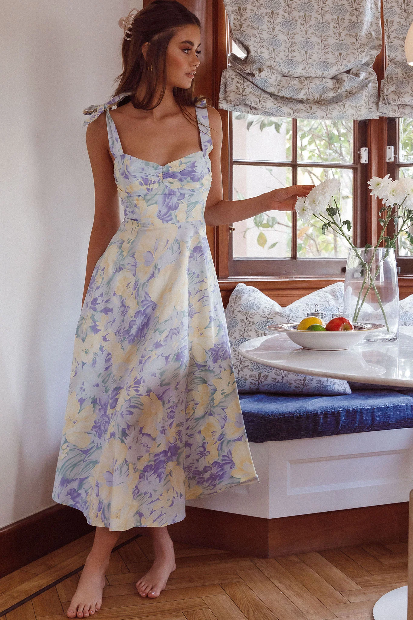 Sweet Pea Tied Shoulder Midi Dress Floral Purple - Seraphlike