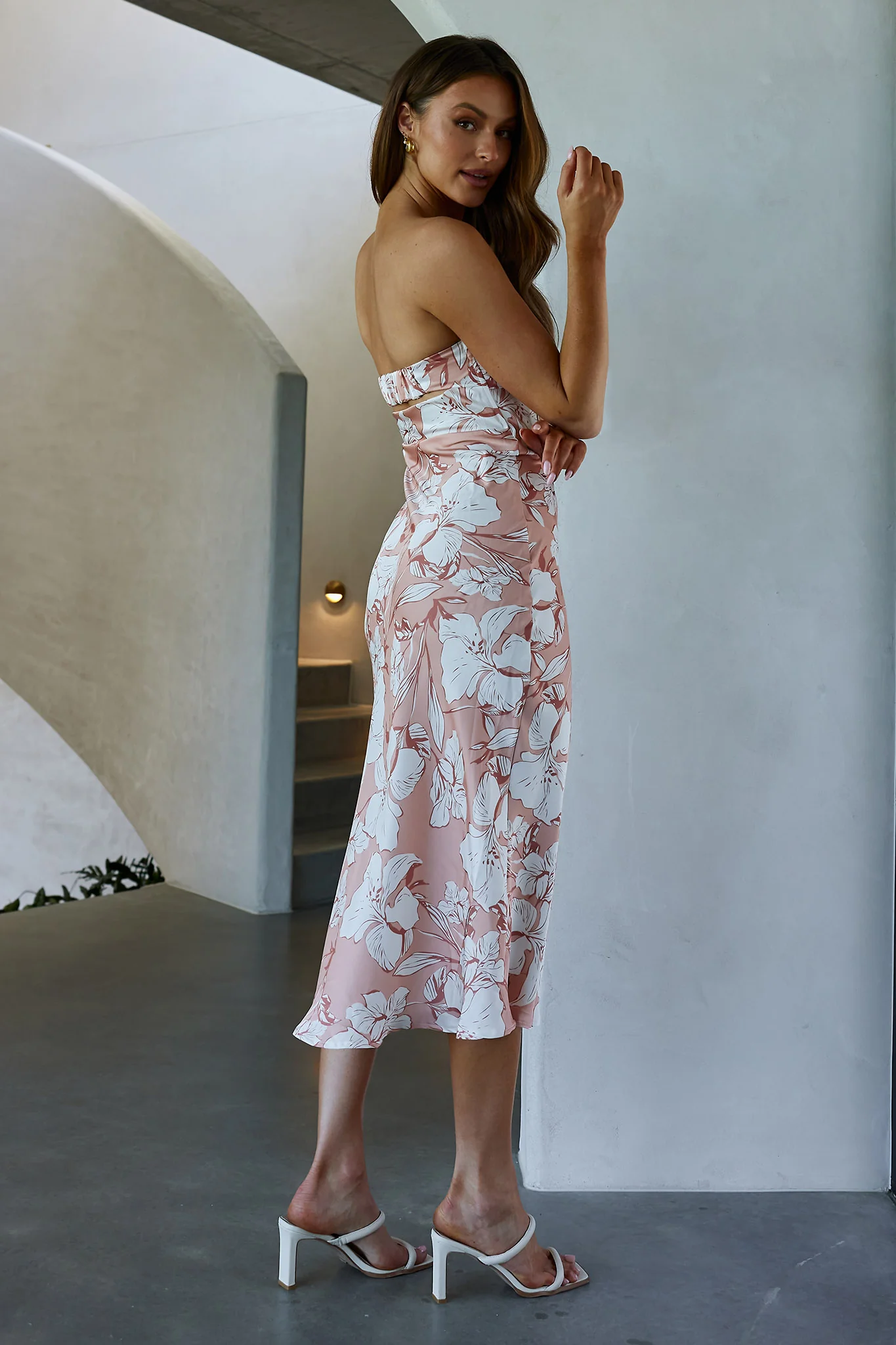 Ladies' Night Cowl Back Midi Dress Floral Peach - Seraphlike