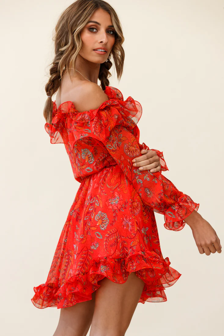 Rhiannon Off-Shoulder Lettuce Frill Dress Floral Print Red - Seraphlike