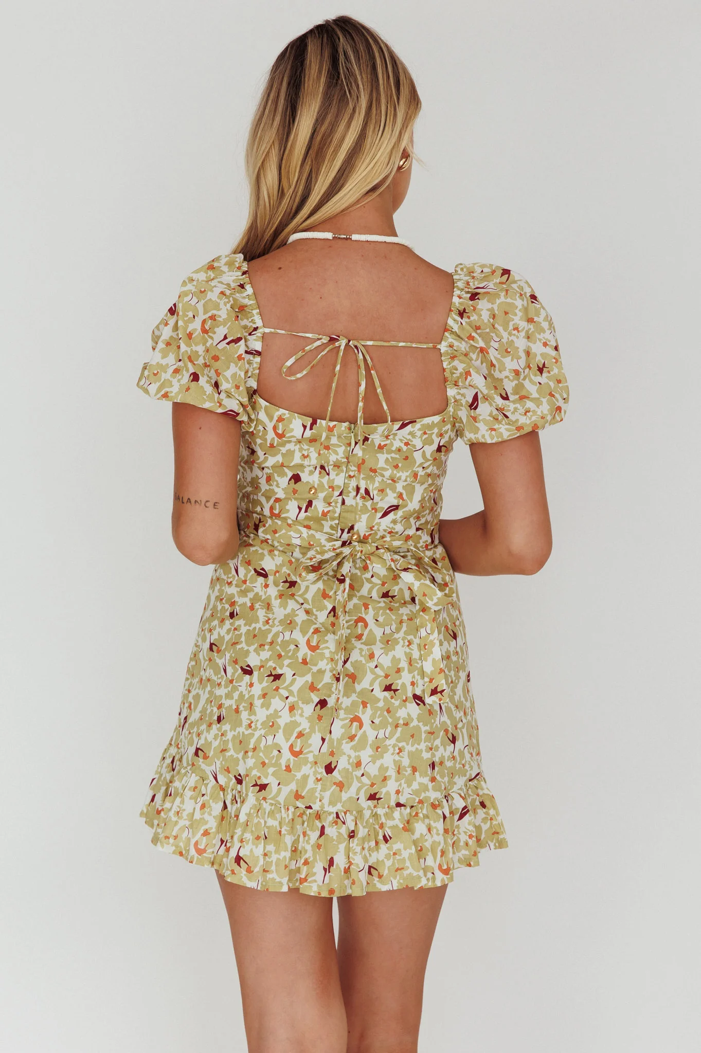 Connie Puff Sleeve Mini Dress Floral Olive - Seraphlike