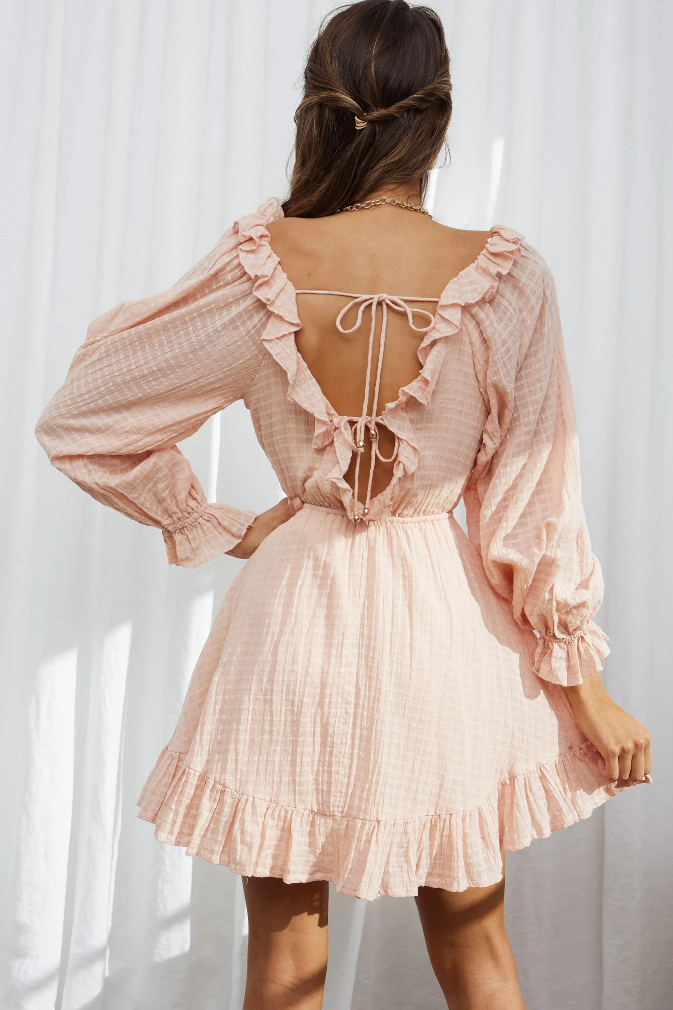 Hooked On A Feeling Long Sleeve String Tie Back Mini Dress Peach - Seraphlike