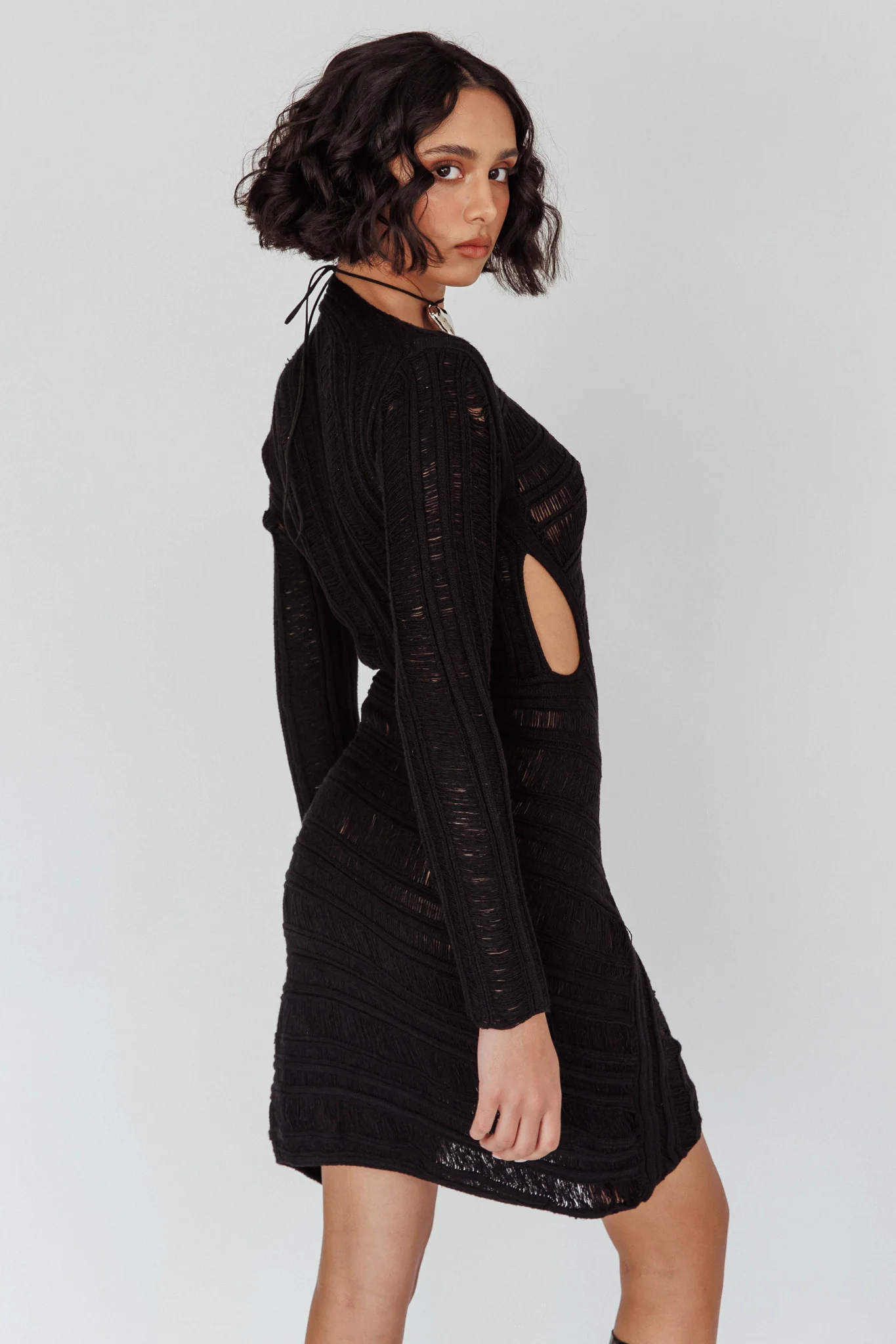 Leyanne Crochet Long Sleeve Cut-Out Mini Dress Black - Seraphlike