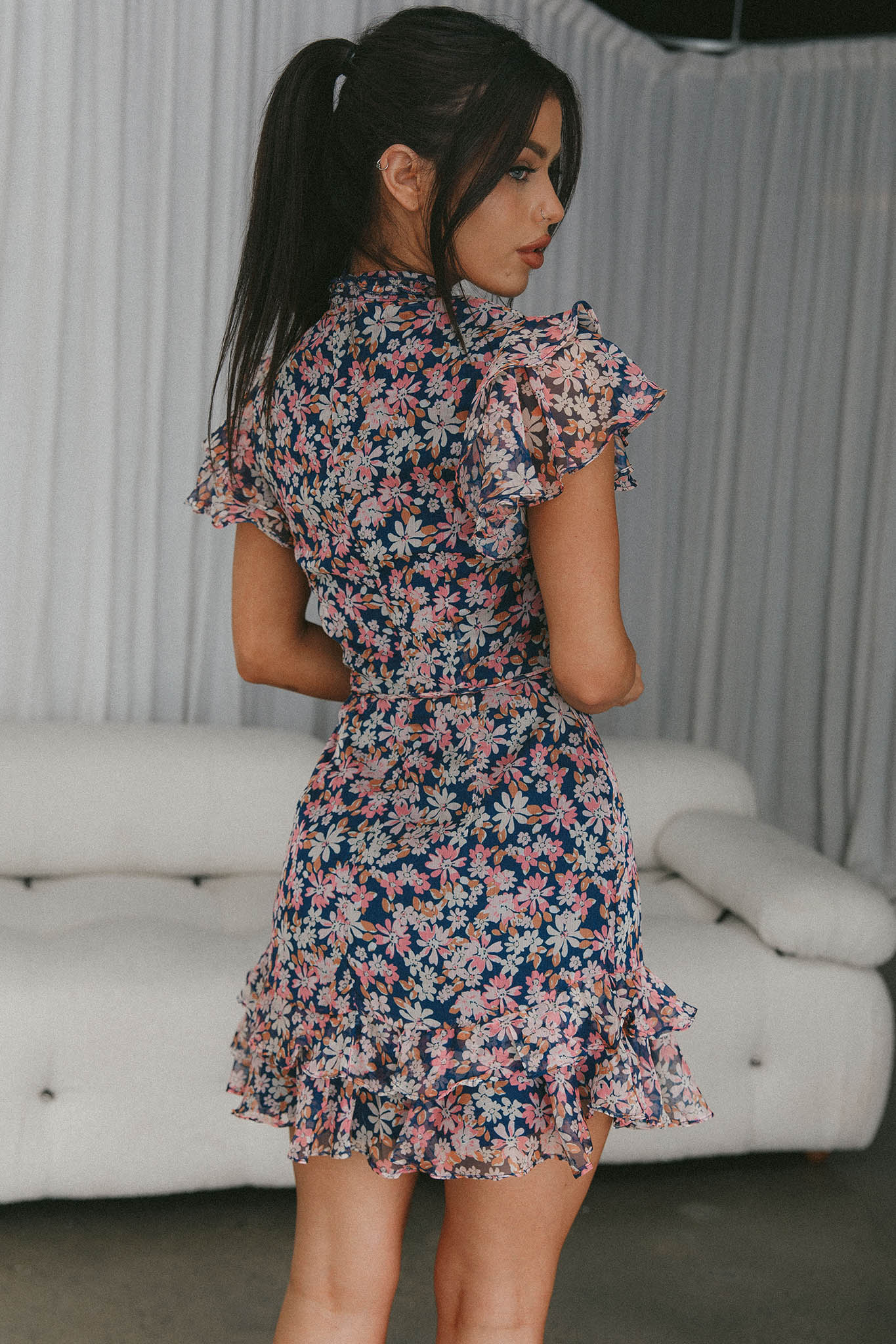 Lark High Neck Ruffle Sleeve Dress Flower Print Navy - Seraphlike