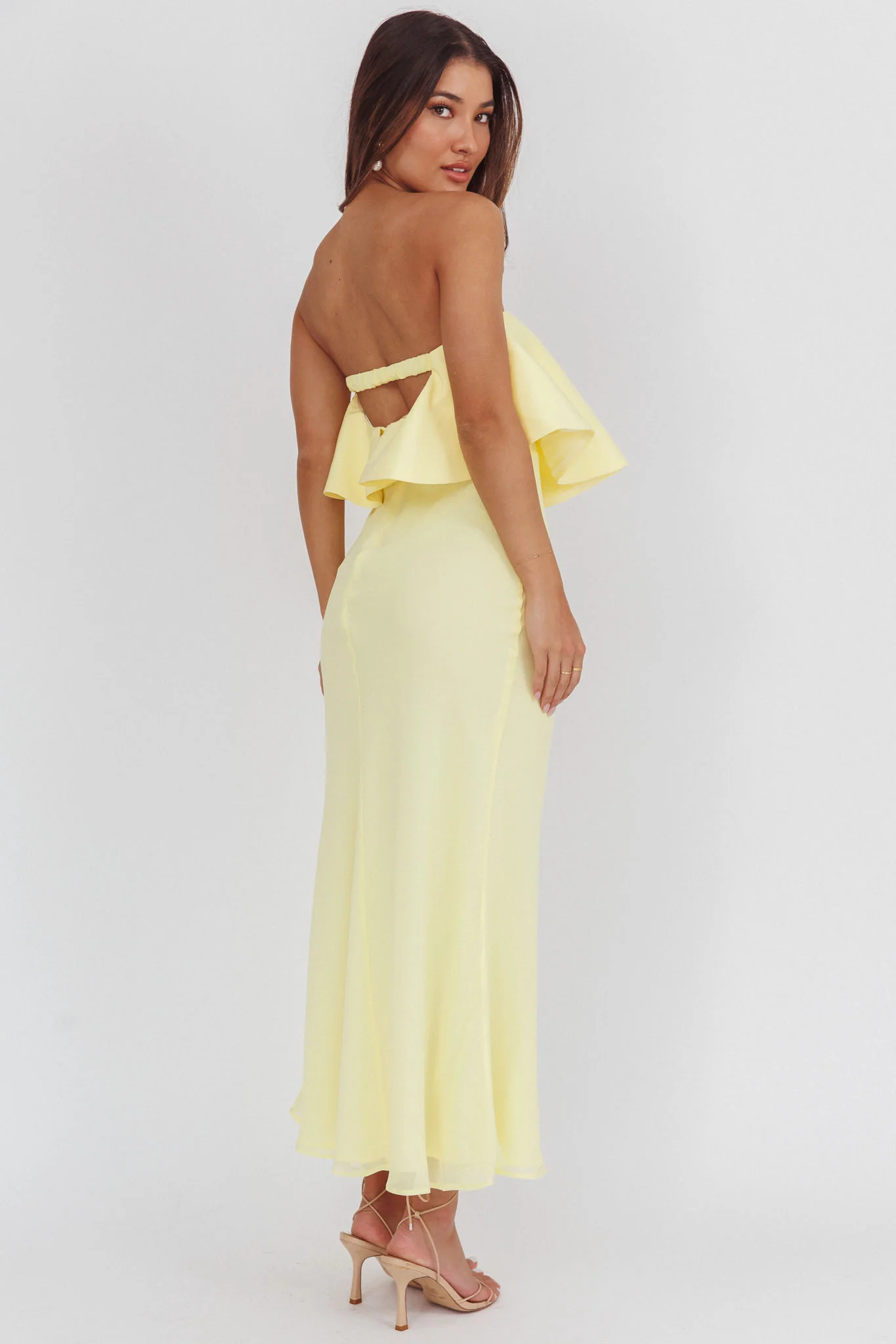 Nerina Strapless Ruffle Neckline Maxi Dress Panna Cotta - Seraphlike