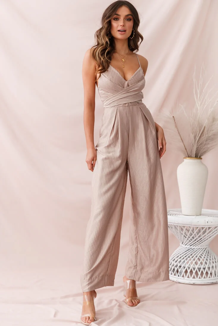 Nancy Wide Leg Pinstripe Jumpsuit Mocha - Seraphlike