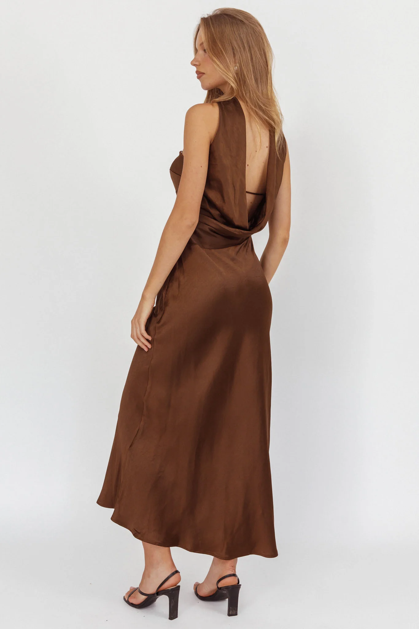 Damsel Reverse Halter Maxi Dress Satin Chocolate - Seraphlike