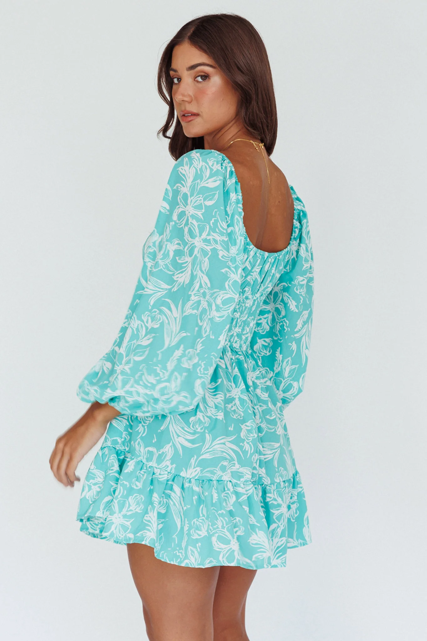 Amilie Shirred Long Sleeve Dress Floral Green - Seraphlike