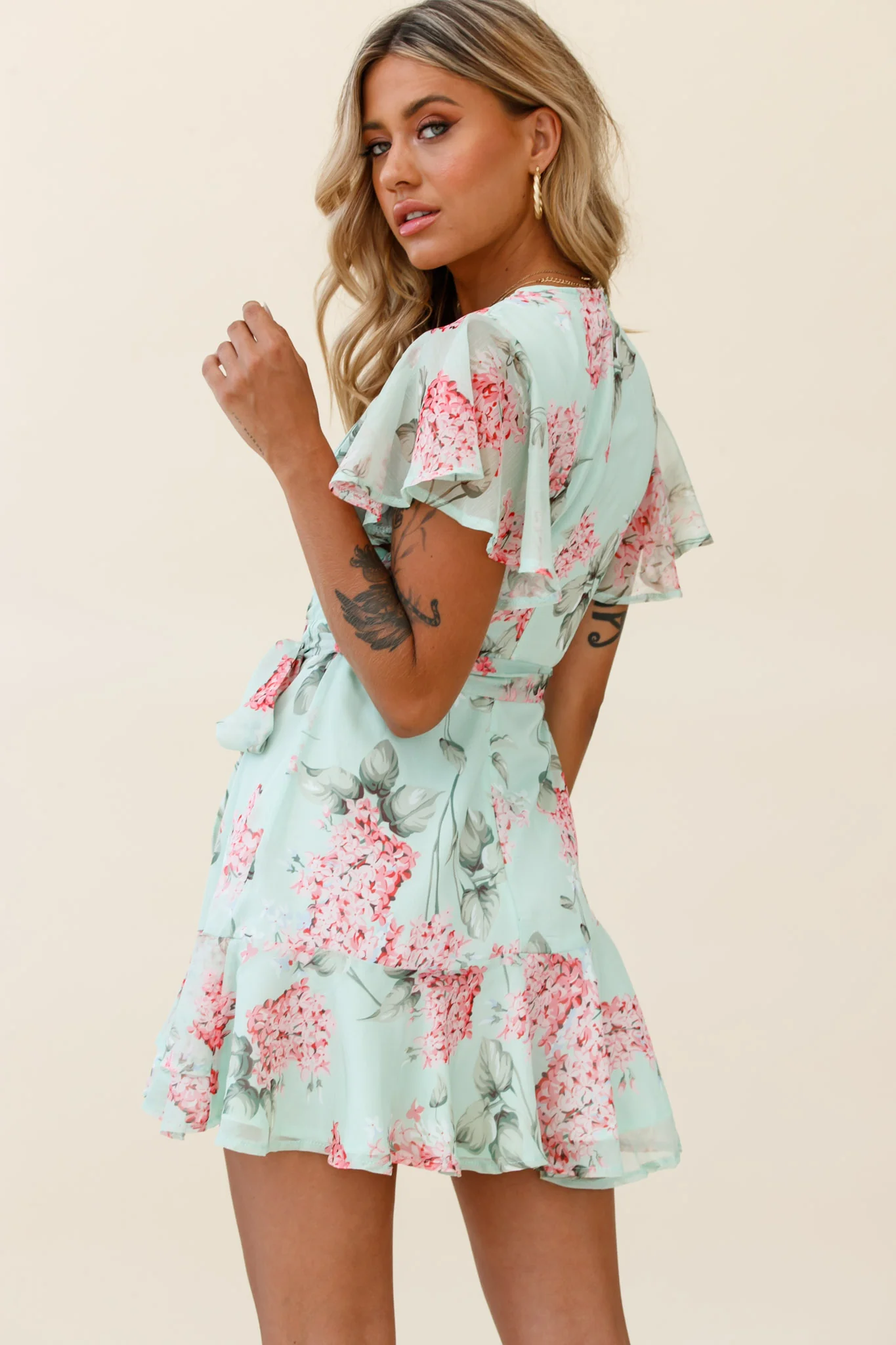 Cami Angel Sleeve Faux Wrap Dress Hydrangea Print Mint/Pink - Seraphlike