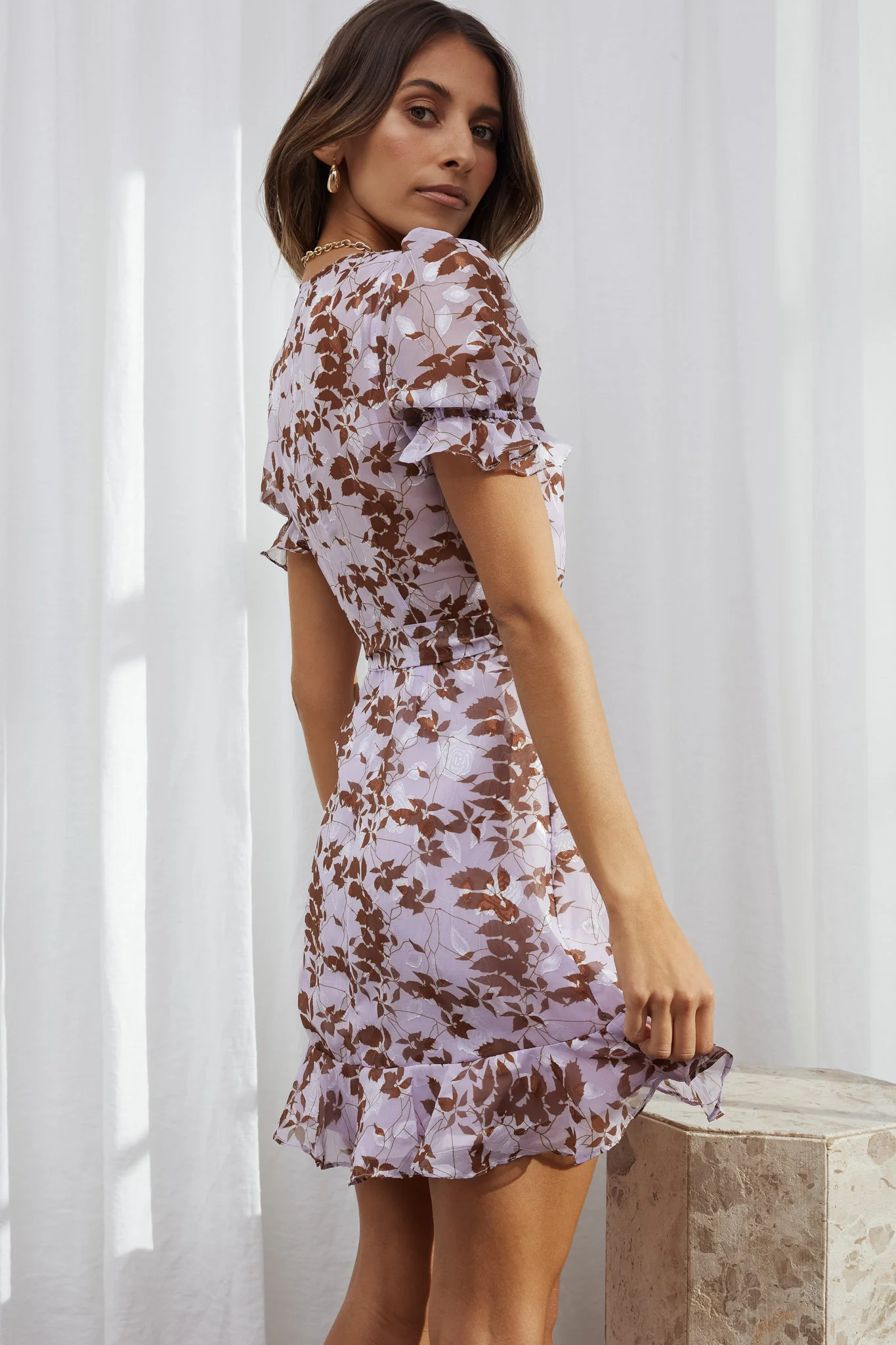 Abigail Wrap Front Puff Sleeve Dress Floral Print Lilac Multi - Seraphlike