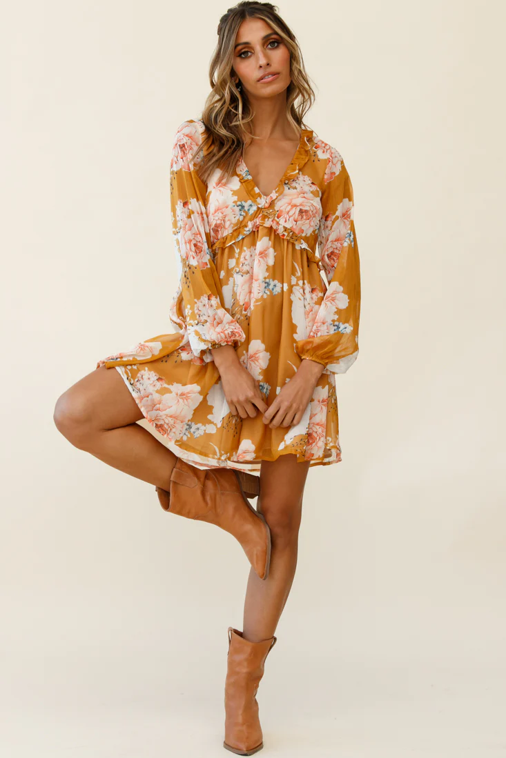 Cutie Pie Long Sleeve Babydoll Dress Rose Print Mustard - Seraphlike