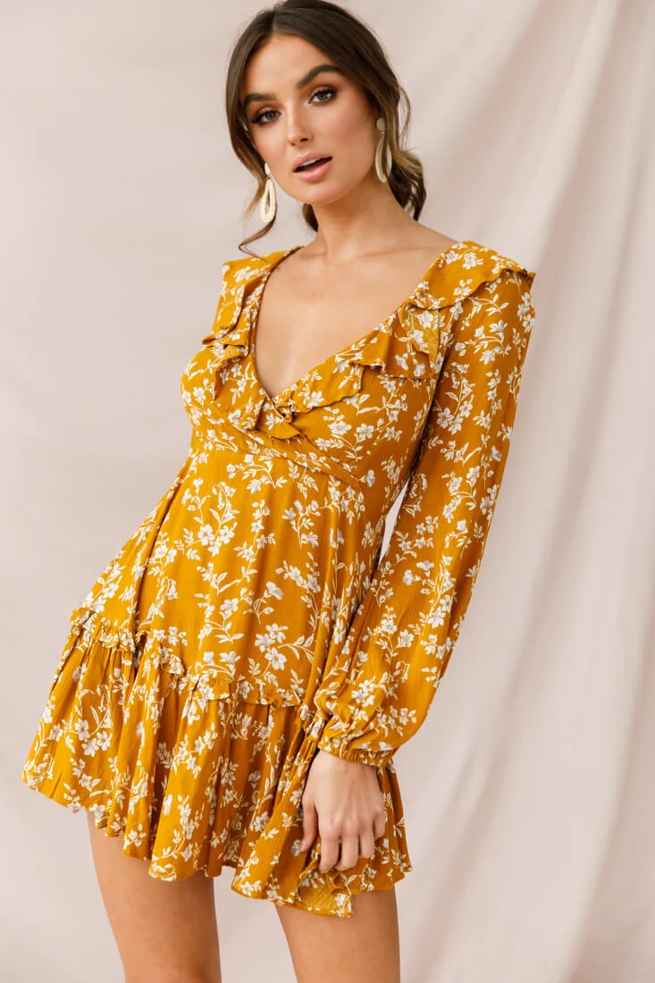 Brentwood Lace Up Babydoll Dress Mustard - Seraphlike
