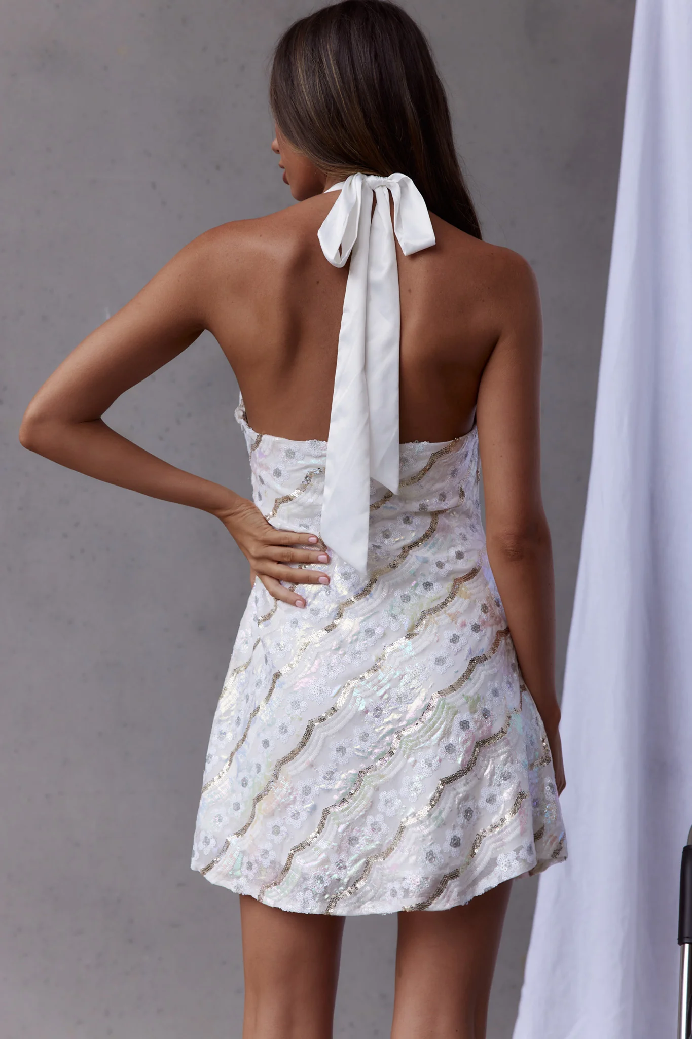 Champagne Showers Halterneck Slip Mini Dress Sequin Flower White - Seraphlike