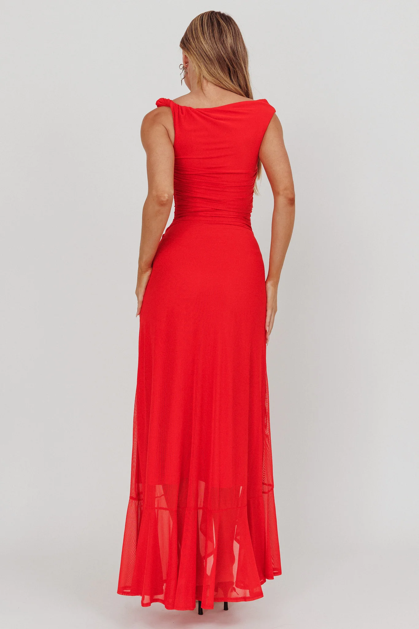 Moonlit Magic Asymmetric Neckline Maxi Dress Red - Seraphlike