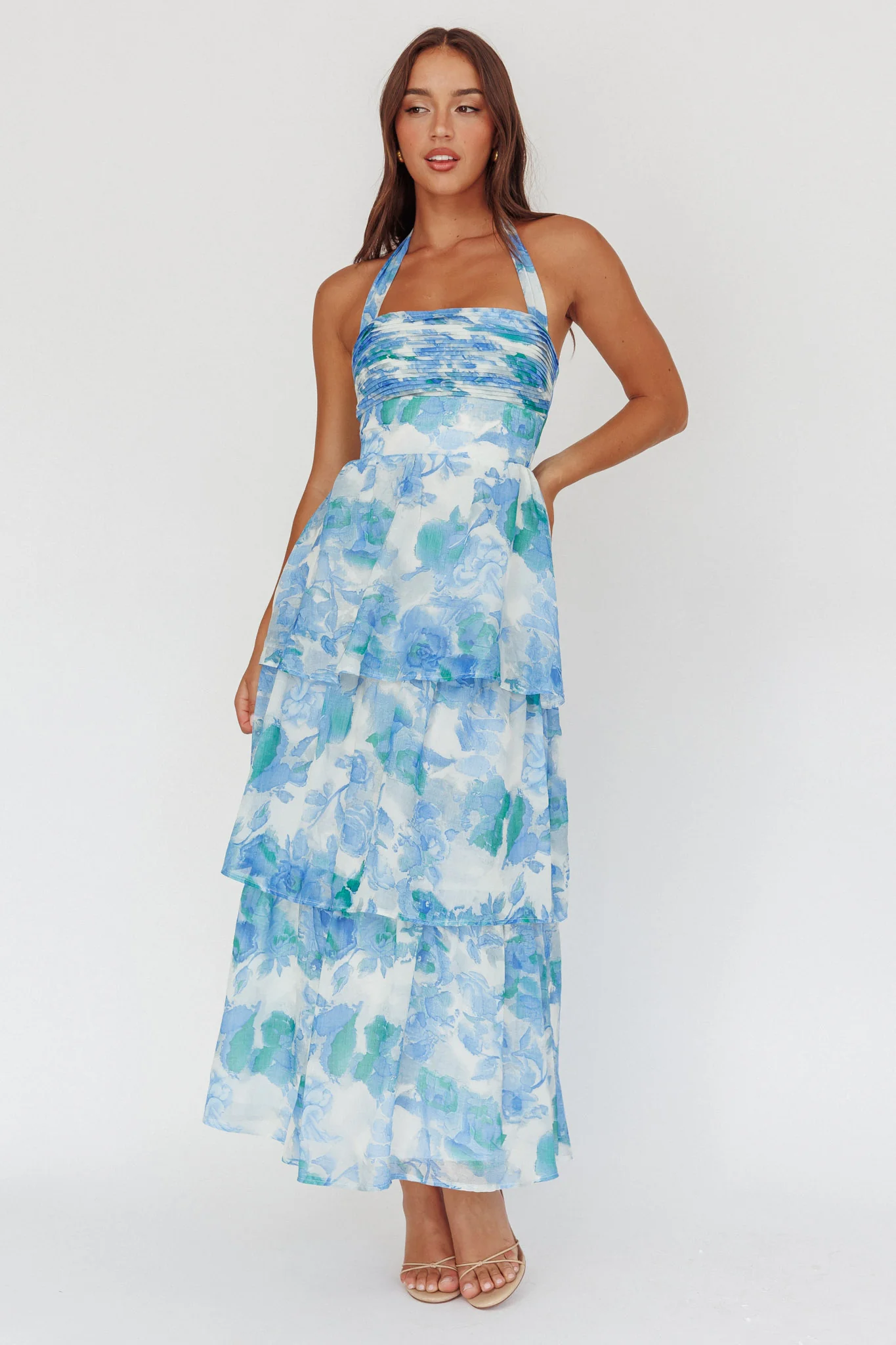 Seascape Halterneck Layered Maxi Dress Floral Blue - Seraphlike